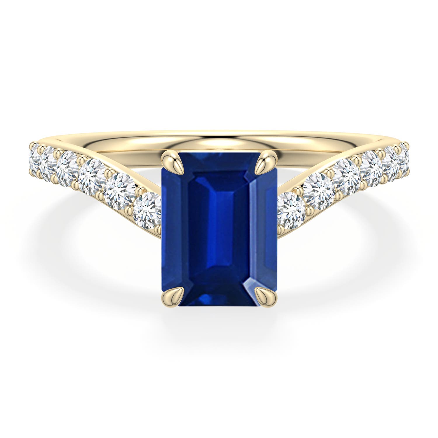 8x6mm Labgrown Emerald-Cut Lab-Grown Blue Sapphire Curved Engagement Ring with Accents in Yellow Gold - main
