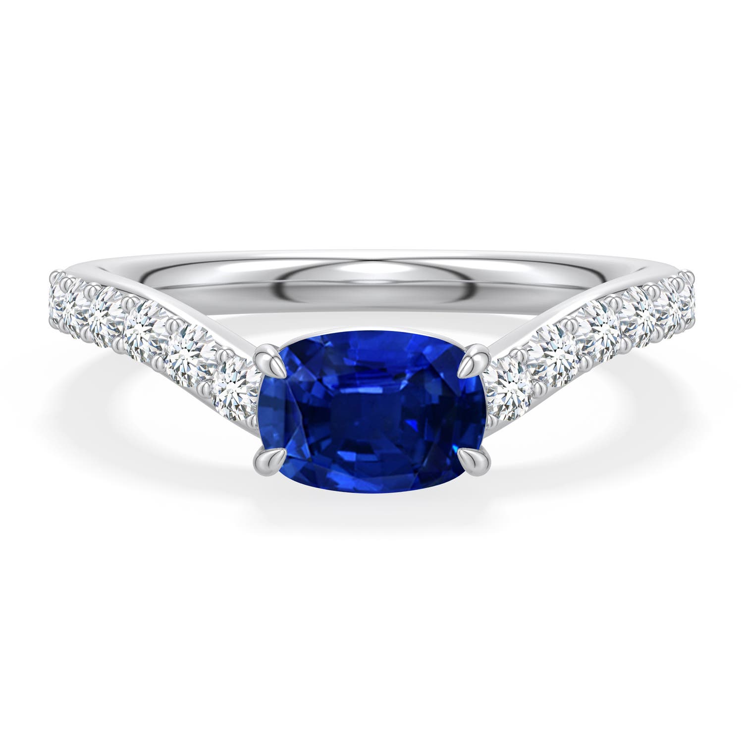 7x5mm Labgrown East-West Cushion Rectangular Lab-Grown Blue Sapphire Curved Engagement Ring with Accents in 18K White Gold - main