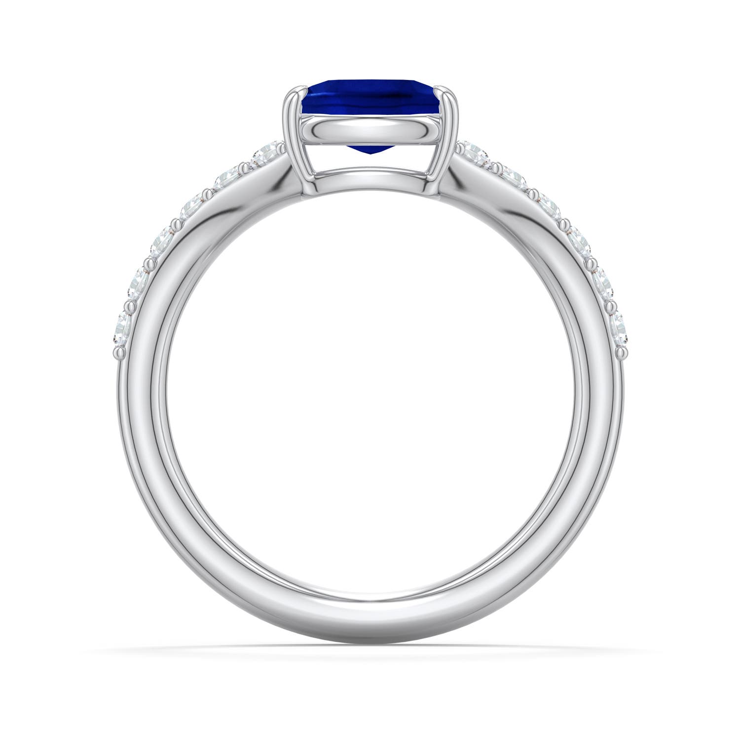 7x5mm Labgrown East-West Cushion Rectangular Lab-Grown Blue Sapphire Curved Engagement Ring with Accents in 18K White Gold - side 1