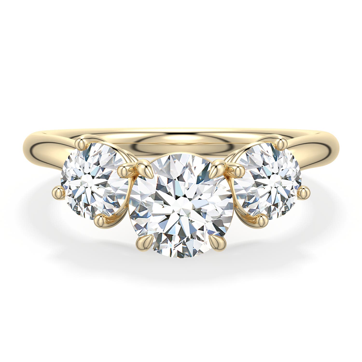 6.4mm DEVVS Round Lab-Grown Diamond Three-Stone Curved Engagement Ring in Yellow Gold - main
