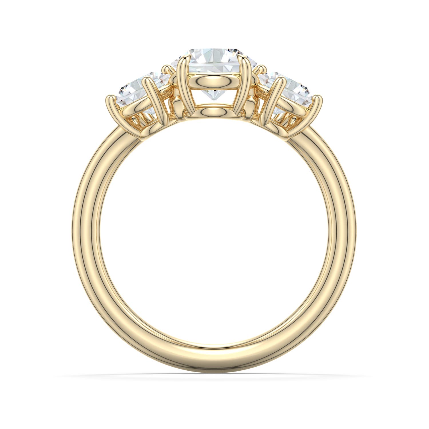 6.4mm DEVVS Round Lab-Grown Diamond Three-Stone Curved Engagement Ring in Yellow Gold - side 1