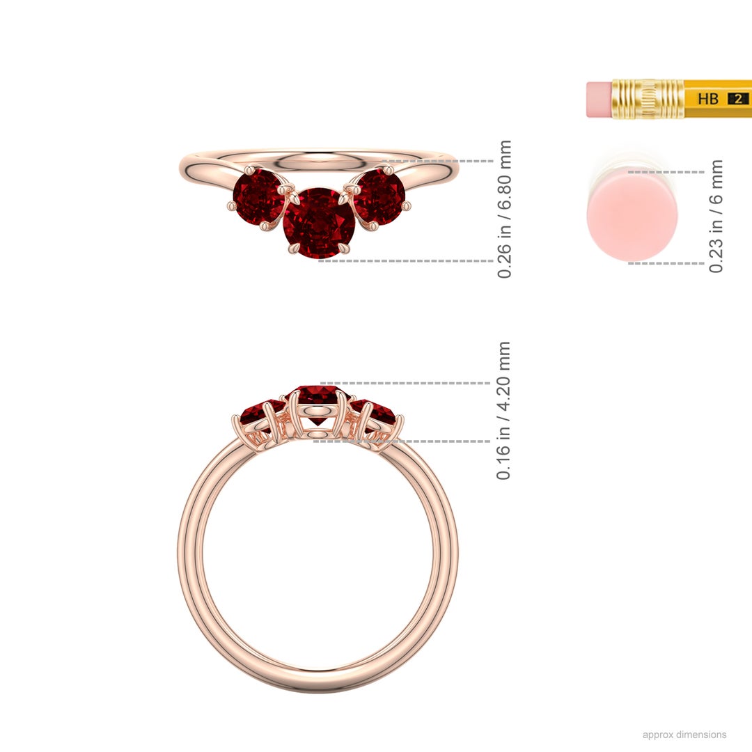 5mm Labgrown Round Lab-Grown Ruby Three-Stone Curved Engagement Ring in Rose Gold - ruler - ruler