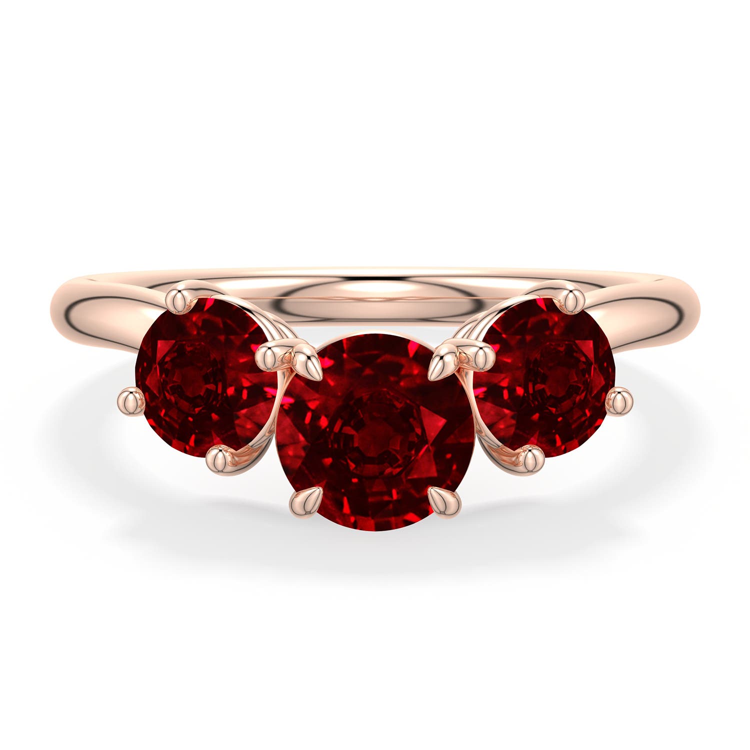 6mm Labgrown Round Lab-Grown Ruby Three-Stone Curved Engagement Ring in Rose Gold - main