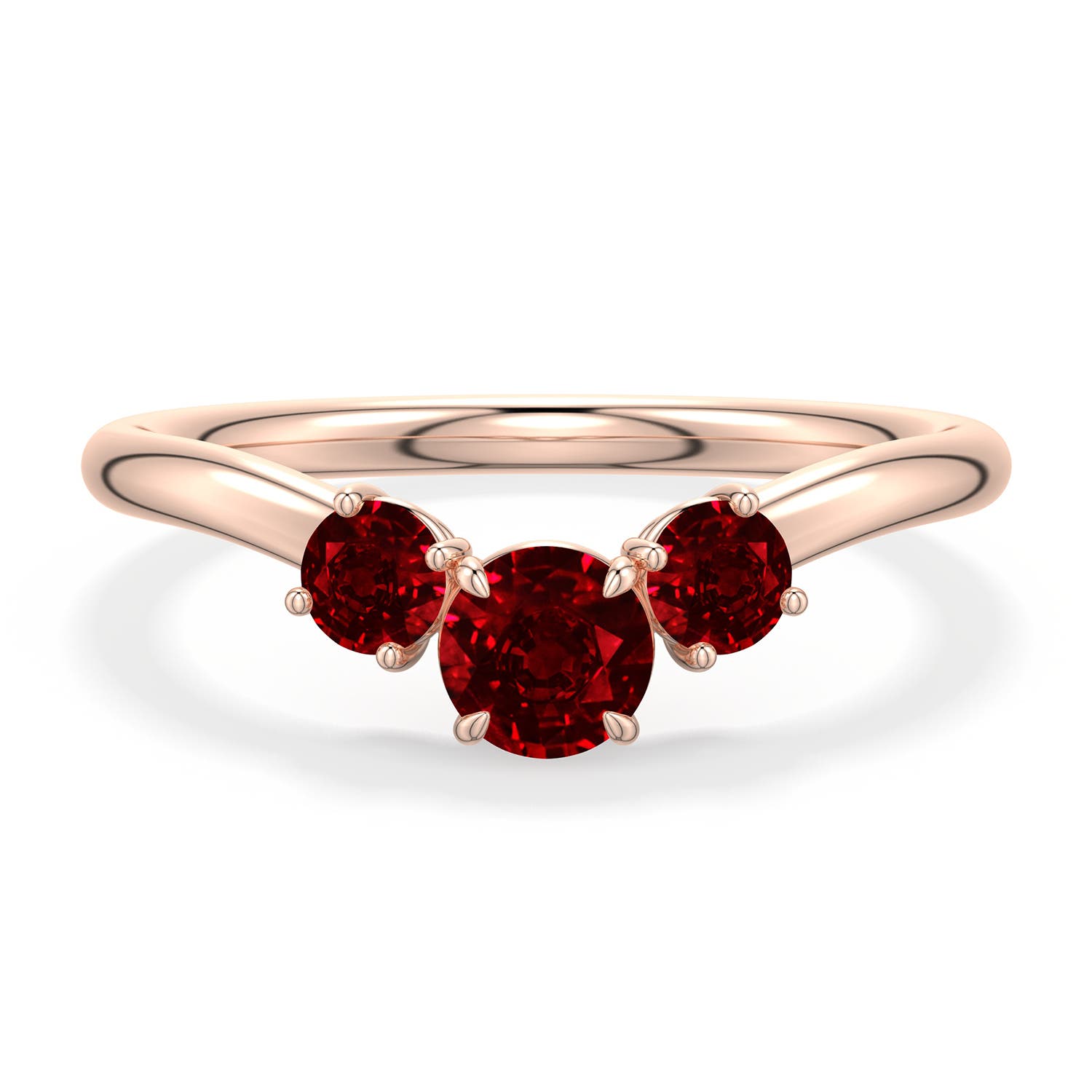 4.5mm Labgrown Round Lab-Grown Ruby Three-Stone Curved Engagement Ring in 18K Rose Gold - main