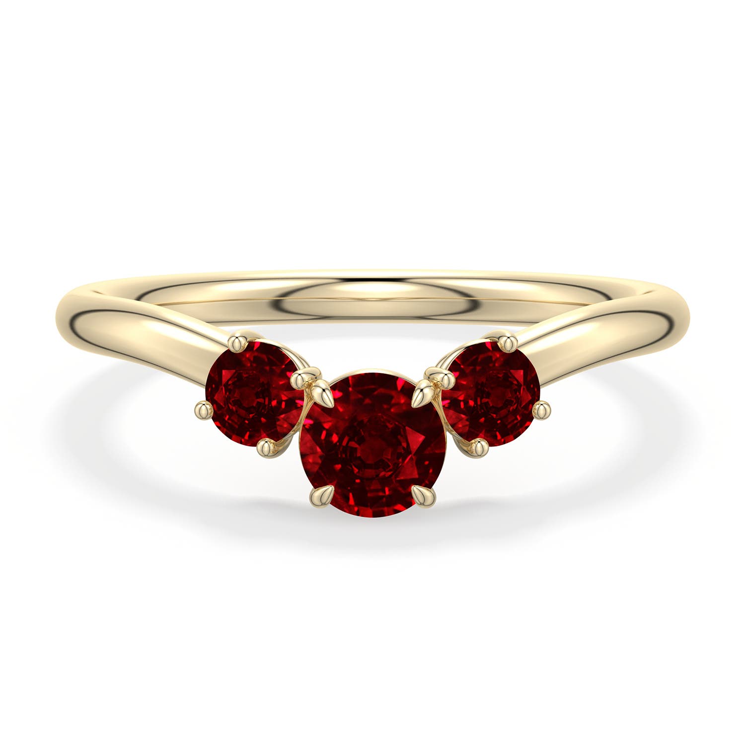 4.5mm Labgrown Round Lab-Grown Ruby Three-Stone Curved Engagement Ring in Yellow Gold - main