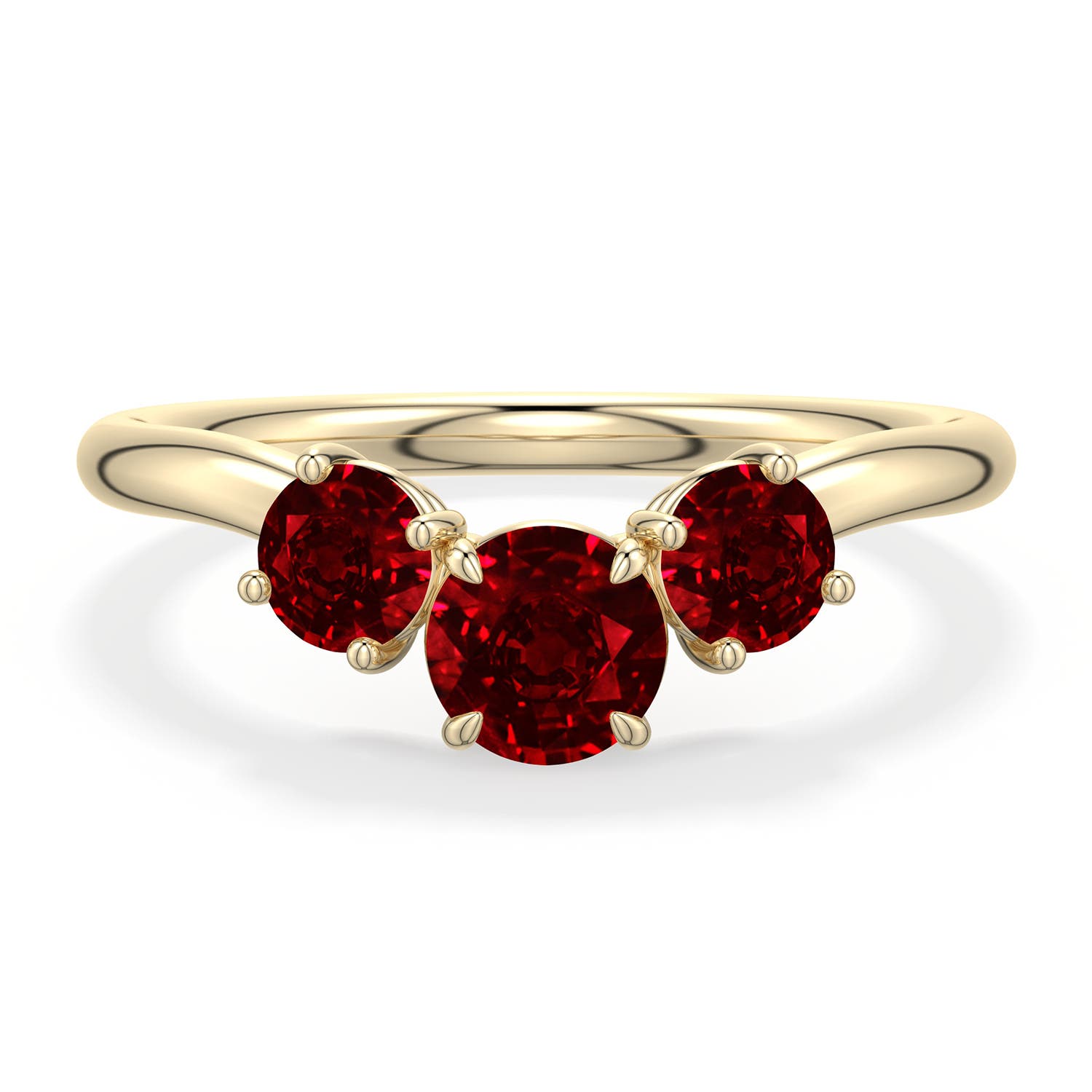 5mm Labgrown Round Lab-Grown Ruby Three-Stone Curved Engagement Ring in Yellow Gold - main