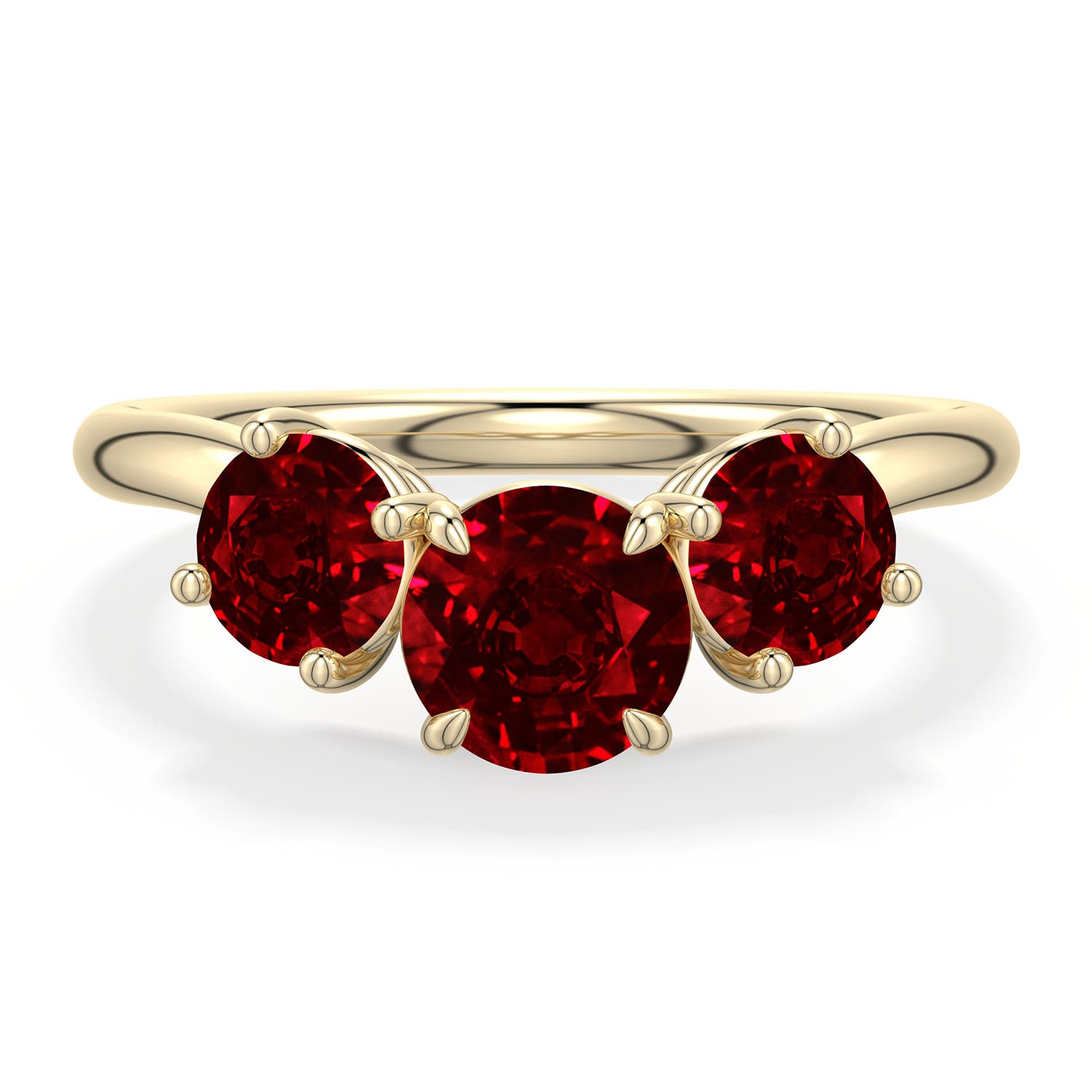 6mm Labgrown Round Lab-Grown Ruby Three-Stone Curved Engagement Ring in Yellow Gold - main
