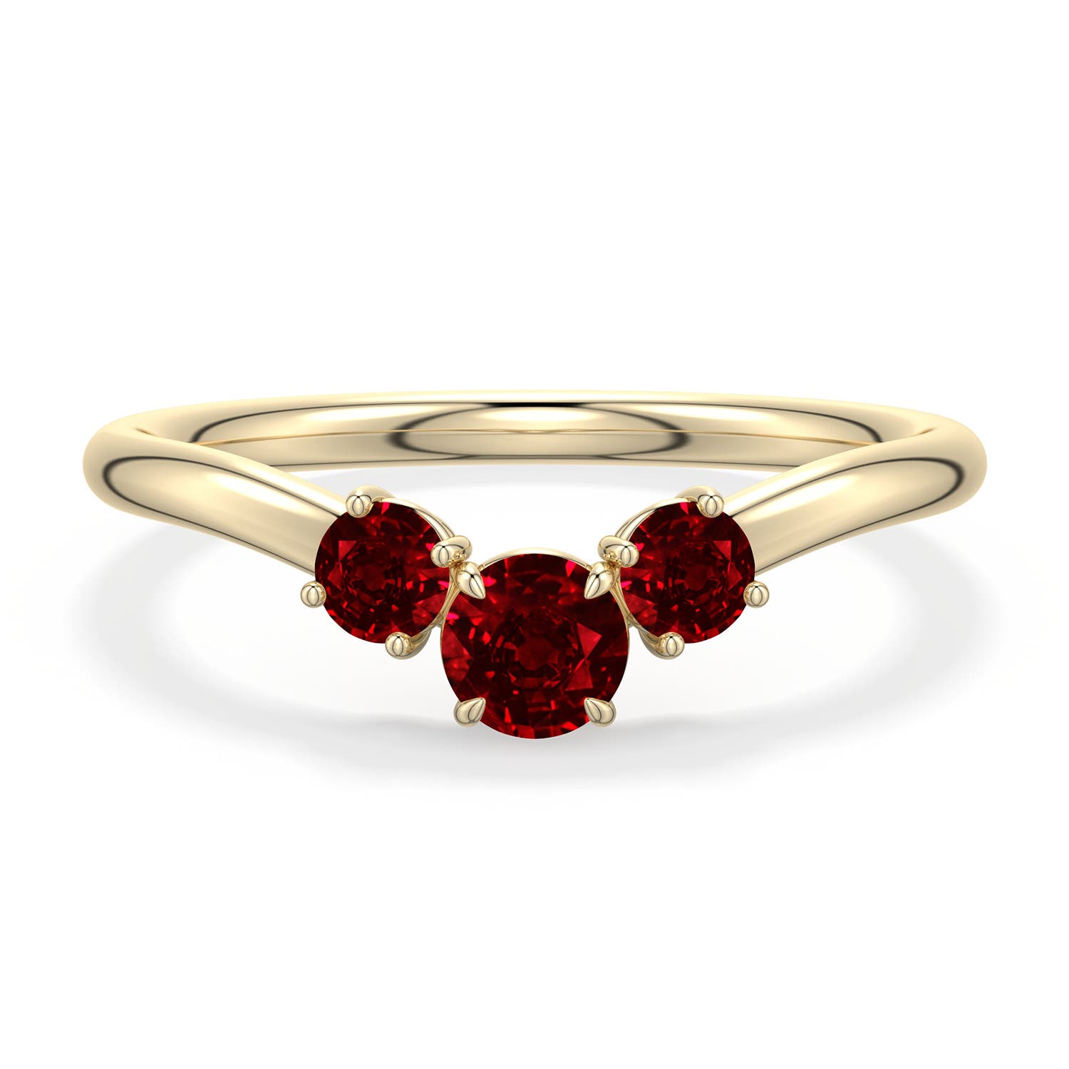 4mm Labgrown Round Lab-Grown Ruby Three-Stone Curved Engagement Ring in 18K Yellow Gold - main