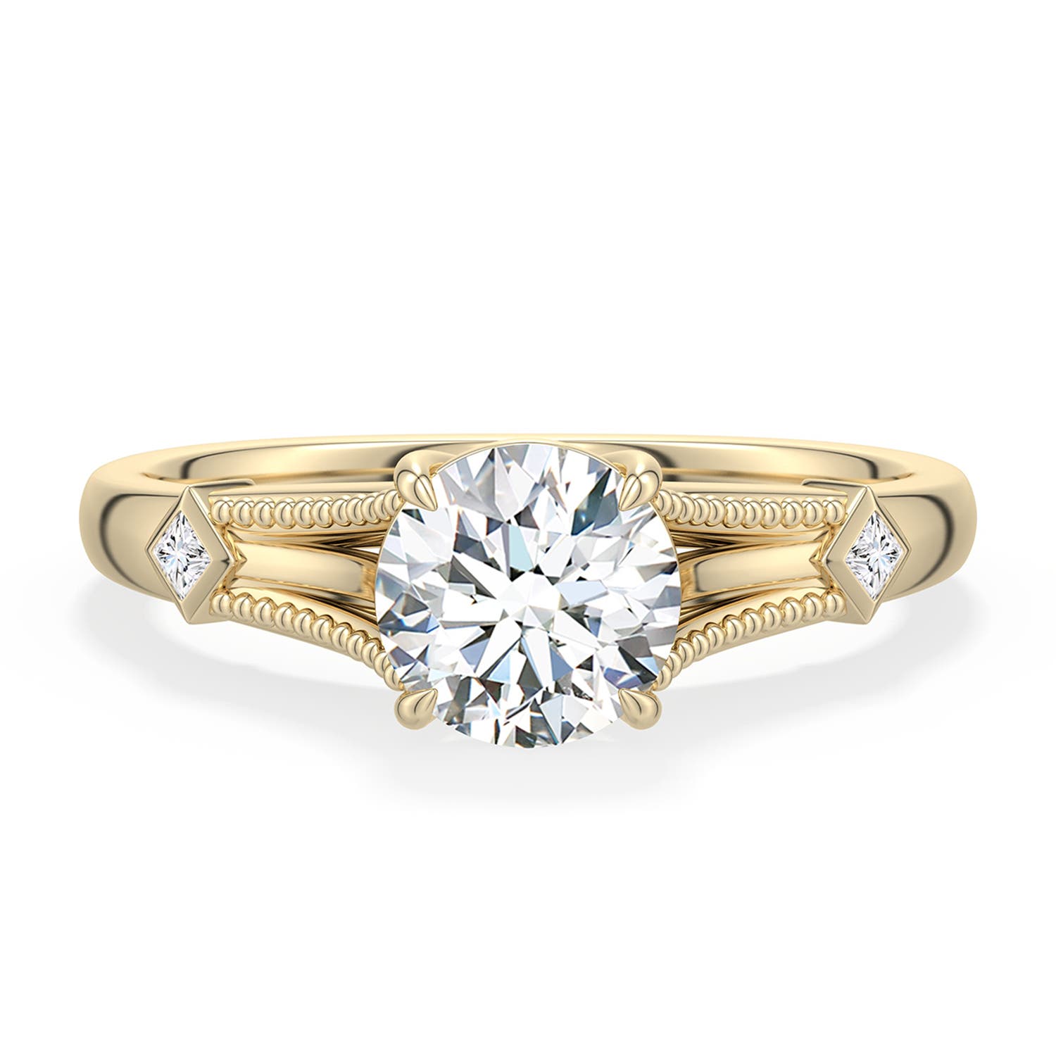 6.4mm FGVS Round Lab-Grown Diamond Cathedral Engagement Ring with Accents in Yellow Gold - main