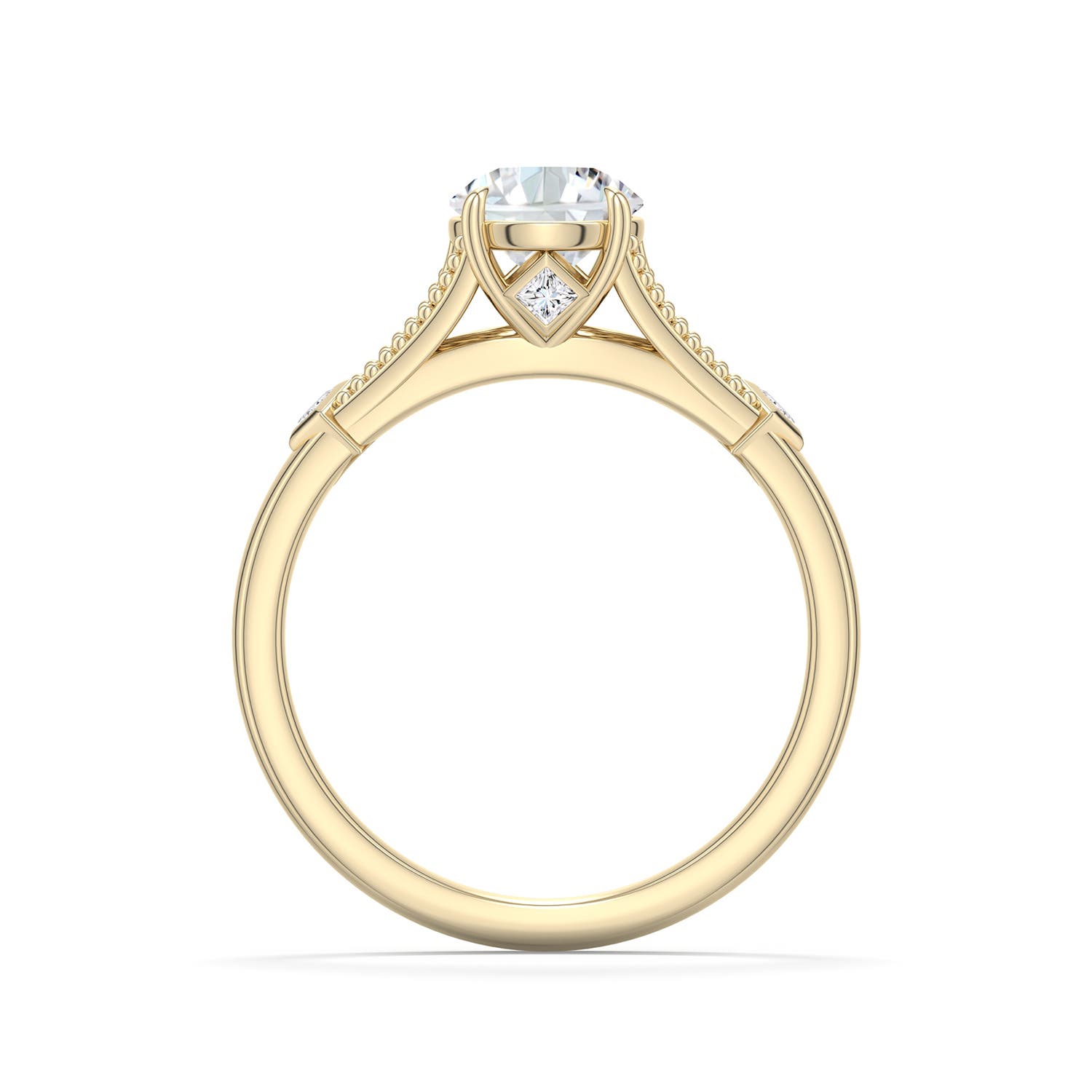6.4mm FGVS Round Lab-Grown Diamond Cathedral Engagement Ring with Accents in Yellow Gold - side 1