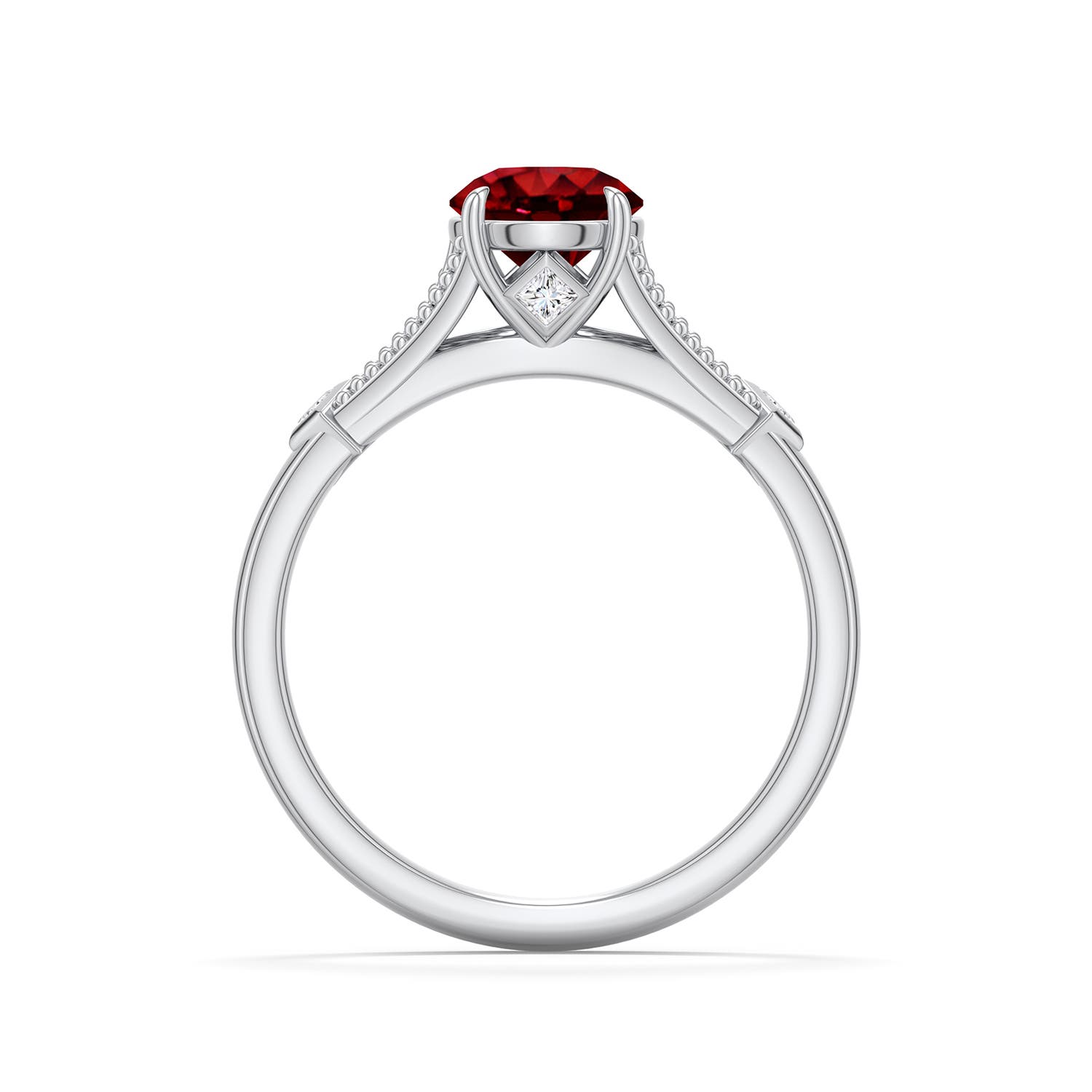 6.5mm Labgrown Round Lab-Grown Ruby Cathedral Engagement Ring with Accents in 18K White Gold - side 1