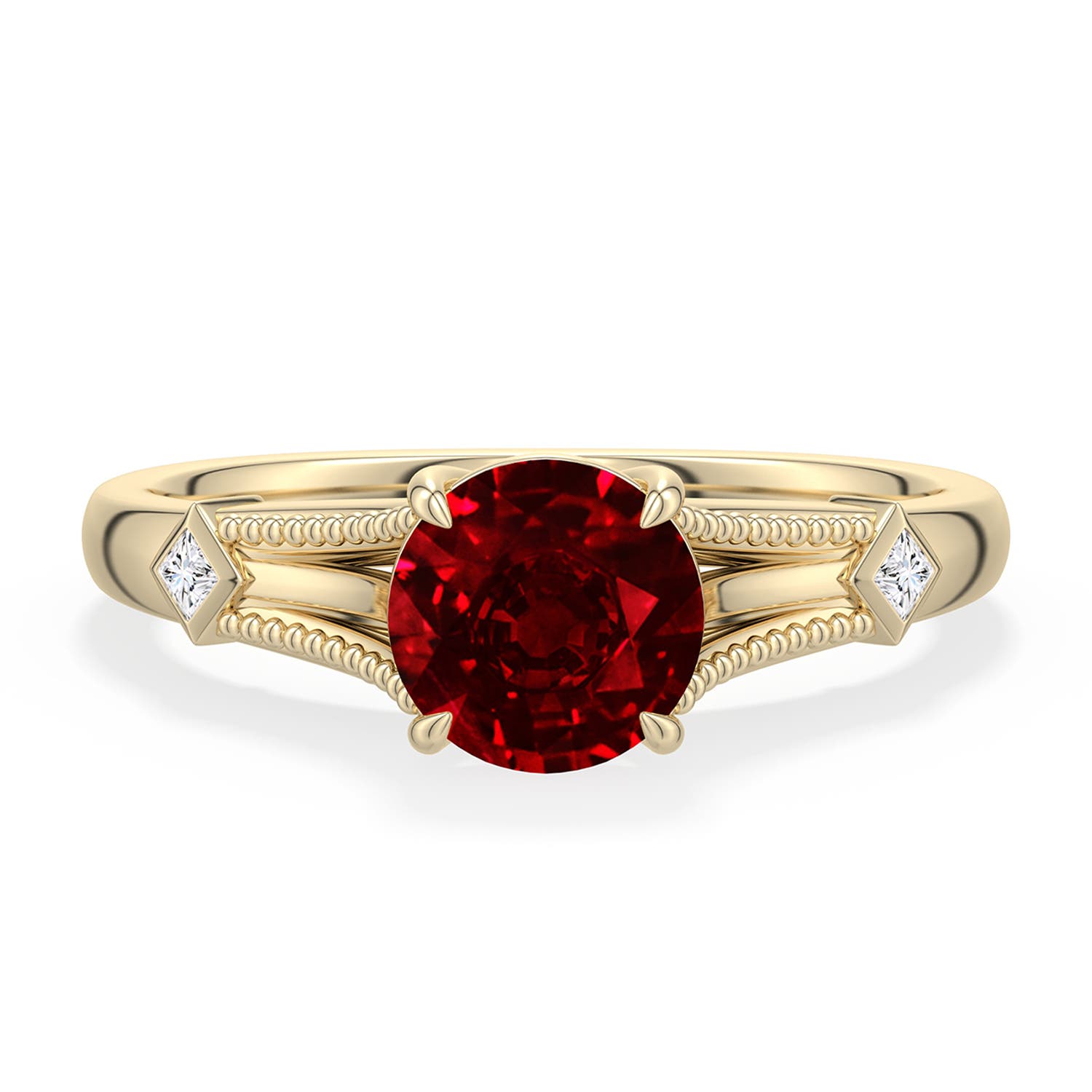 6.5mm Labgrown Round Lab-Grown Ruby Cathedral Engagement Ring with Accents in 18K Yellow Gold - main