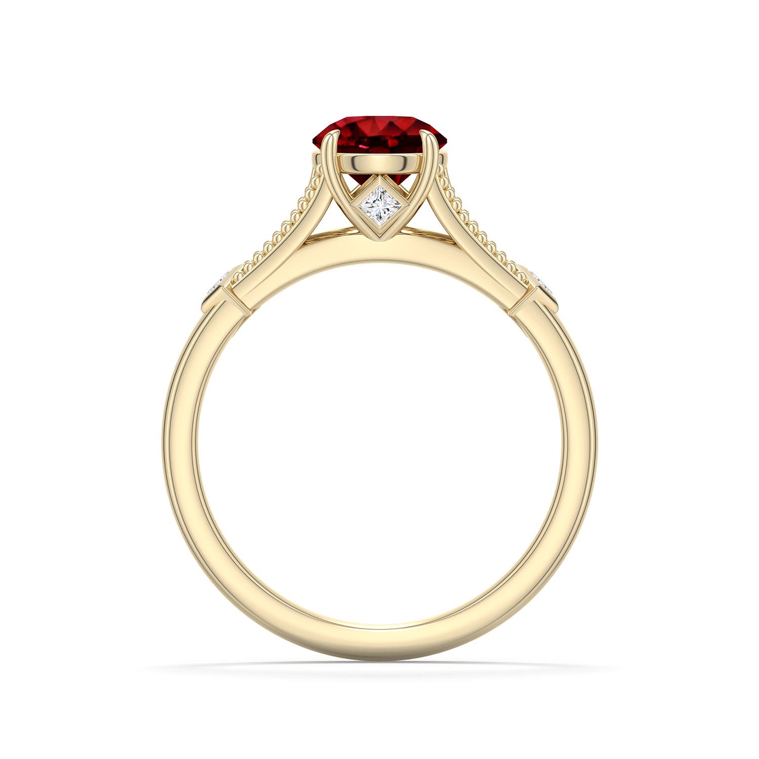 6.5mm Labgrown Round Lab-Grown Ruby Cathedral Engagement Ring with Accents in 18K Yellow Gold - side 1