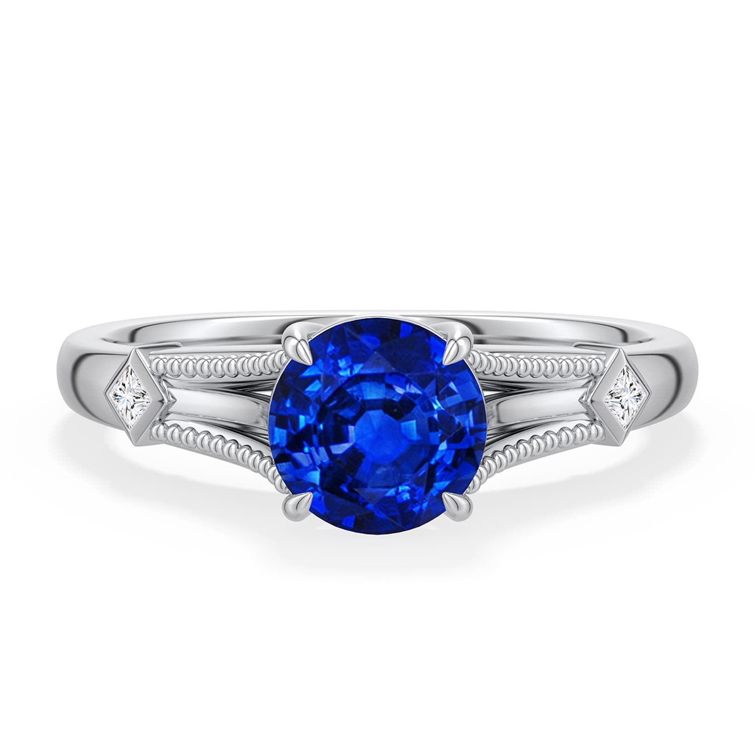 6.5mm Labgrown Round Lab-Grown Blue Sapphire Cathedral Engagement Ring with Accents in White Gold - main