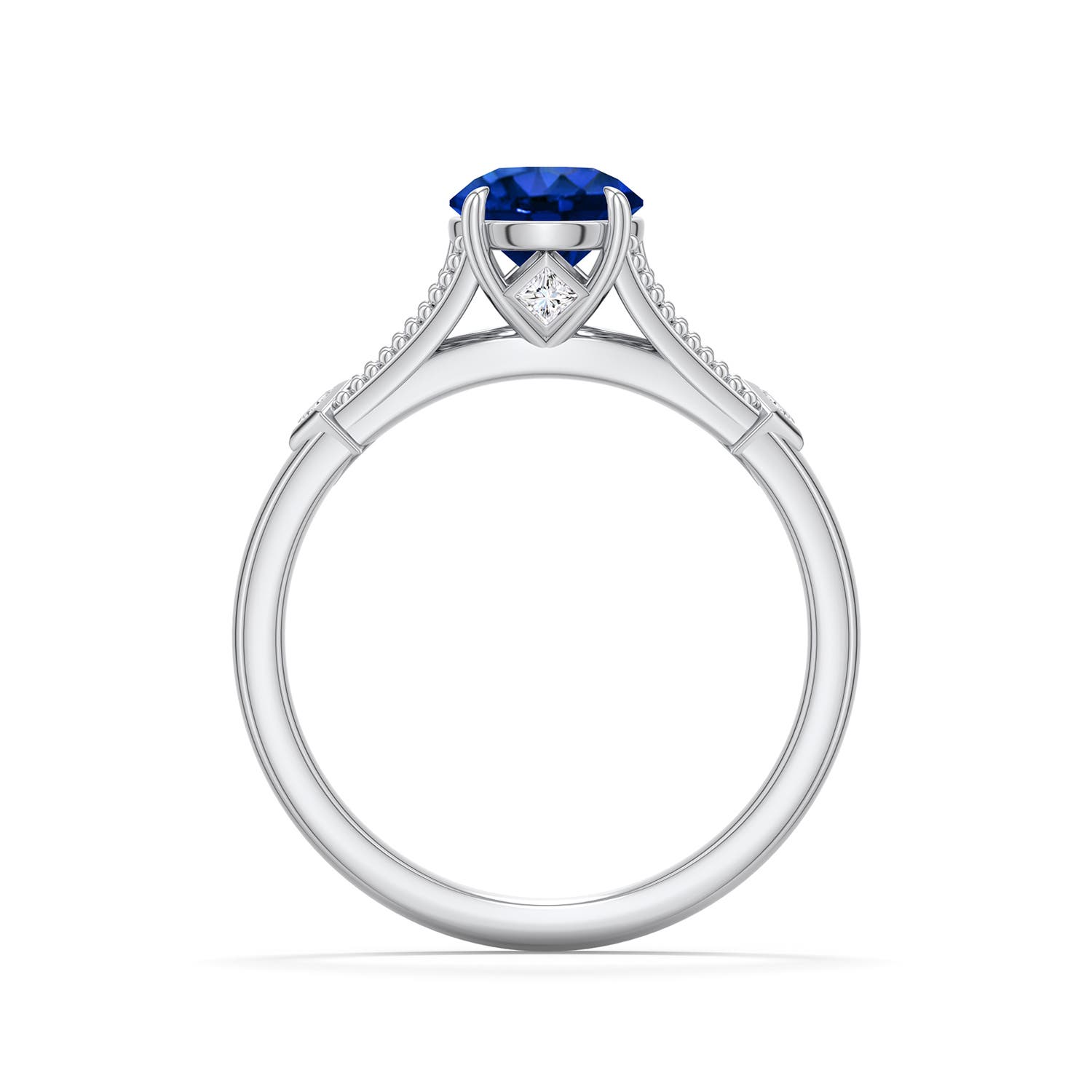 6.5mm Labgrown Round Lab-Grown Blue Sapphire Cathedral Engagement Ring with Accents in White Gold - side 1