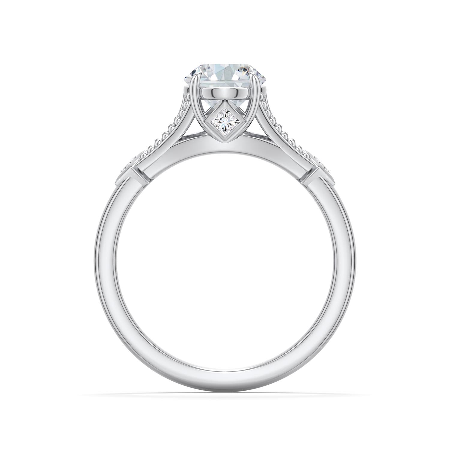 8.5x6.5mm FGVS Oval Lab-Grown Diamond Cathedral Engagement Ring with Accents in 18K White Gold - side 1