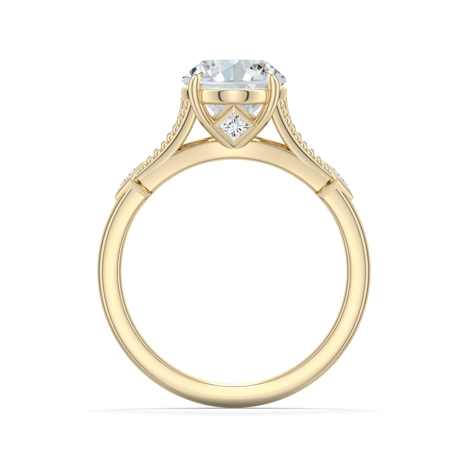 12x8mm DEVVS Oval Lab-Grown Diamond Cathedral Engagement Ring with Accents in Yellow Gold - side 1