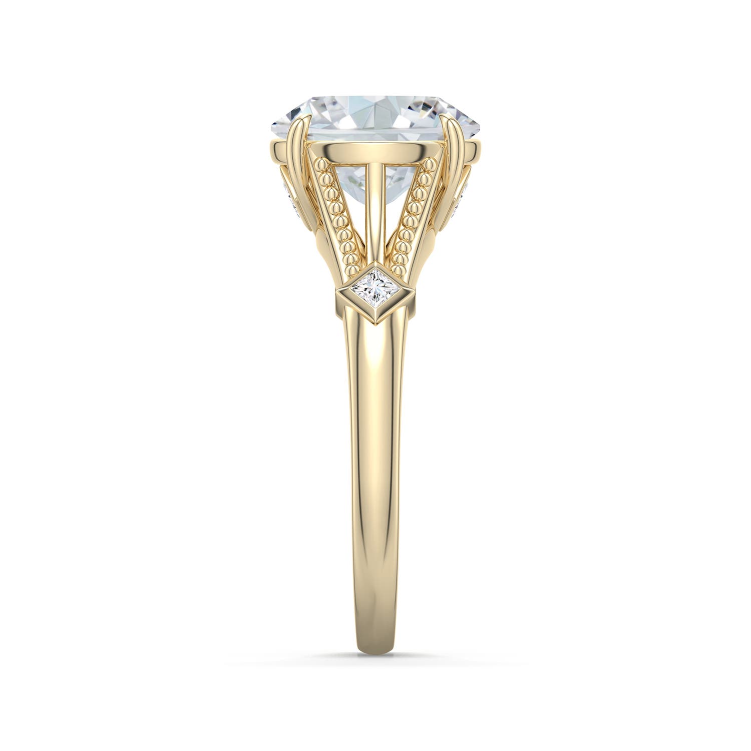 10x8mm FGVS Oval Lab-Grown Diamond Cathedral Engagement Ring with Accents in Yellow Gold - side 2 - side 4