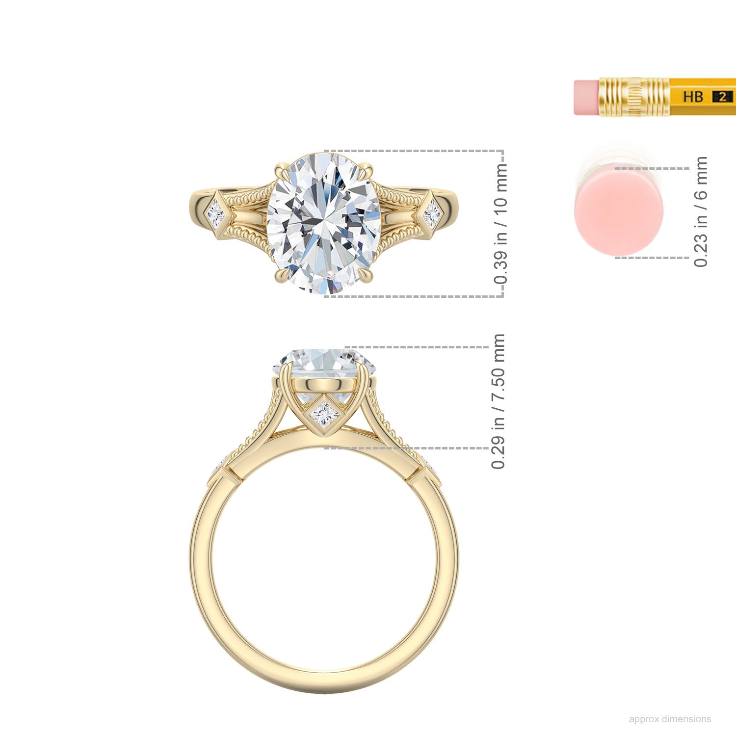 10x8mm FGVS Oval Lab-Grown Diamond Cathedral Engagement Ring with Accents in Yellow Gold - ruler - ruler
