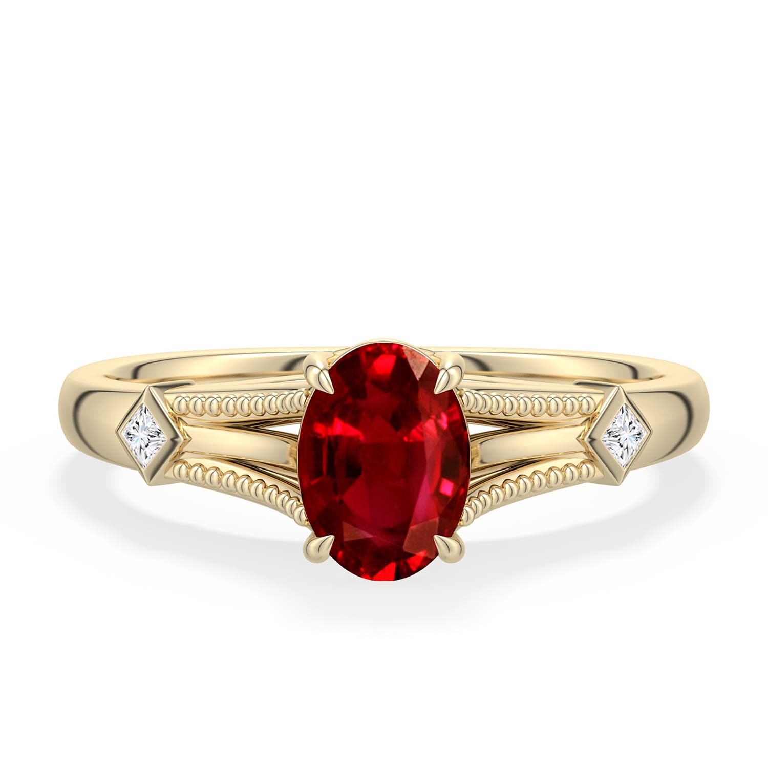 7x5mm Labgrown Oval Lab-Grown Ruby Cathedral Engagement Ring with Accents in Yellow Gold - main