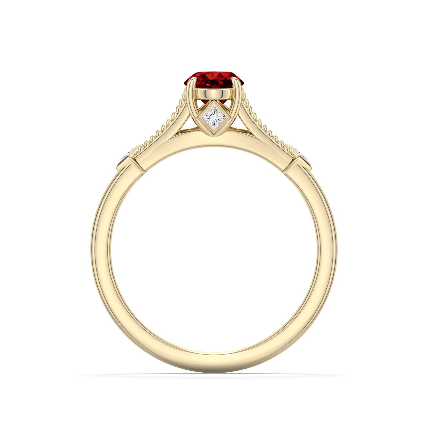 7x5mm Labgrown Oval Lab-Grown Ruby Cathedral Engagement Ring with Accents in Yellow Gold - side 1