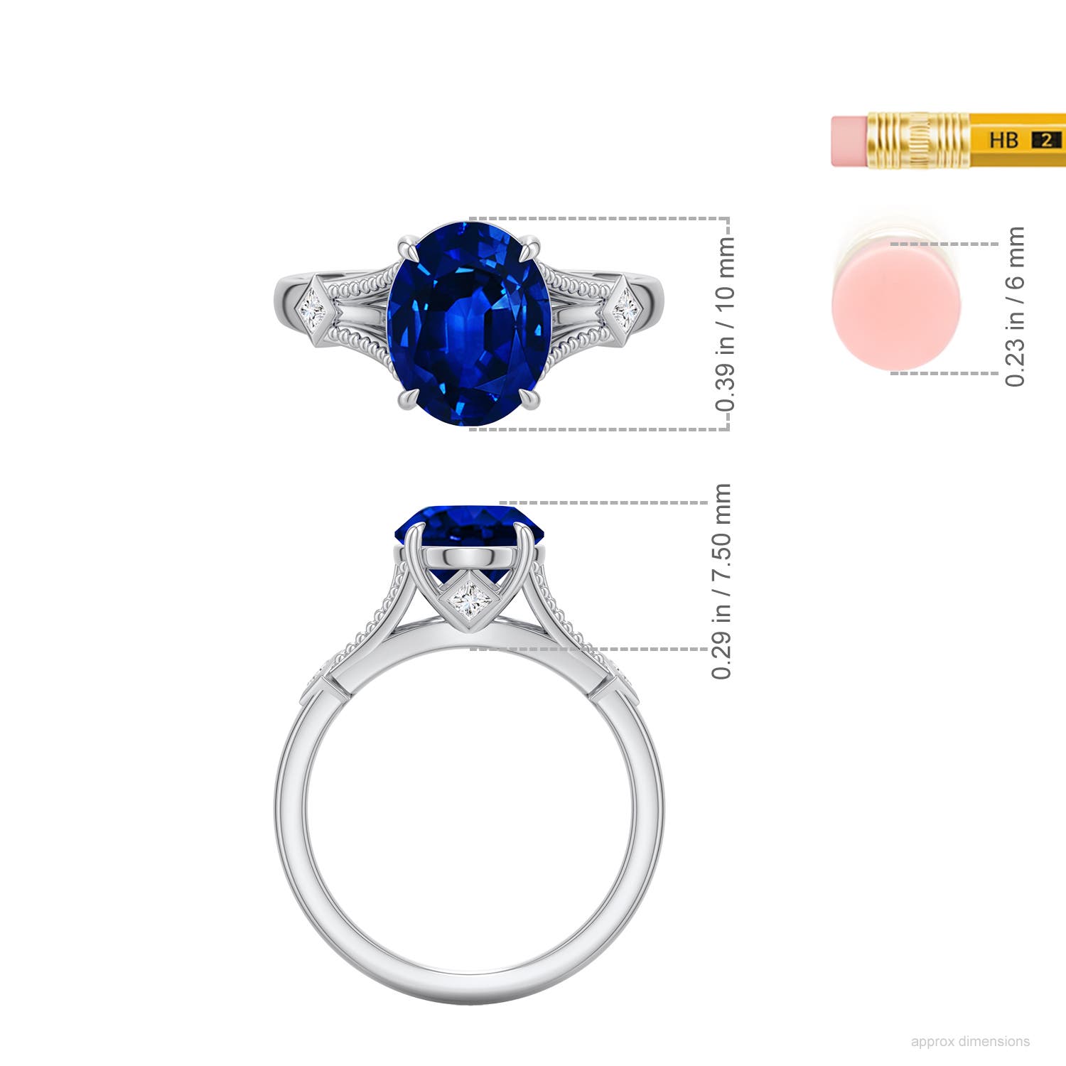10x8mm Labgrown Oval Lab-Grown Blue Sapphire Cathedral Engagement Ring with Accents in White Gold - ruler - ruler