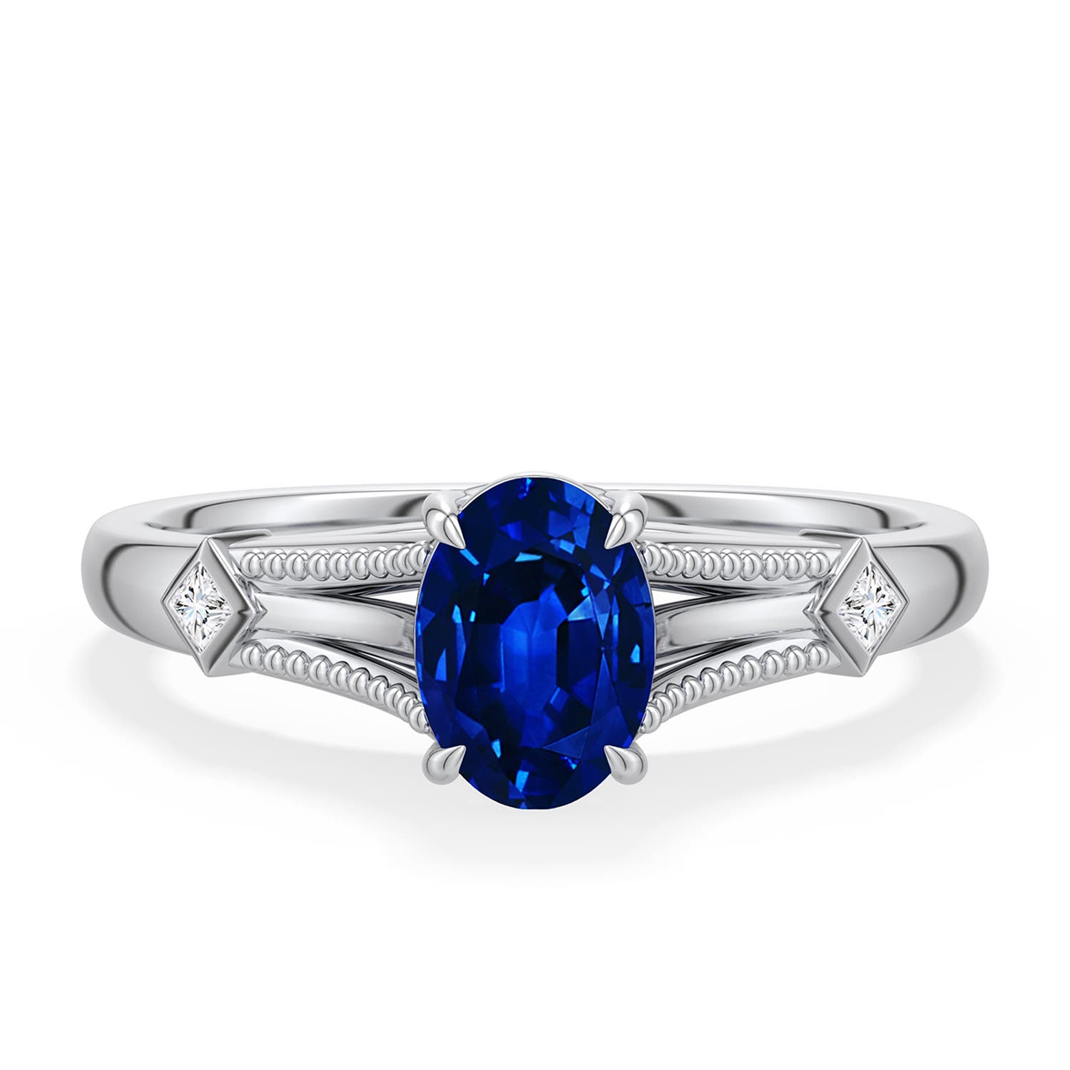 7x5mm Labgrown Oval Lab-Grown Blue Sapphire Cathedral Engagement Ring with Accents in 18K White Gold - main