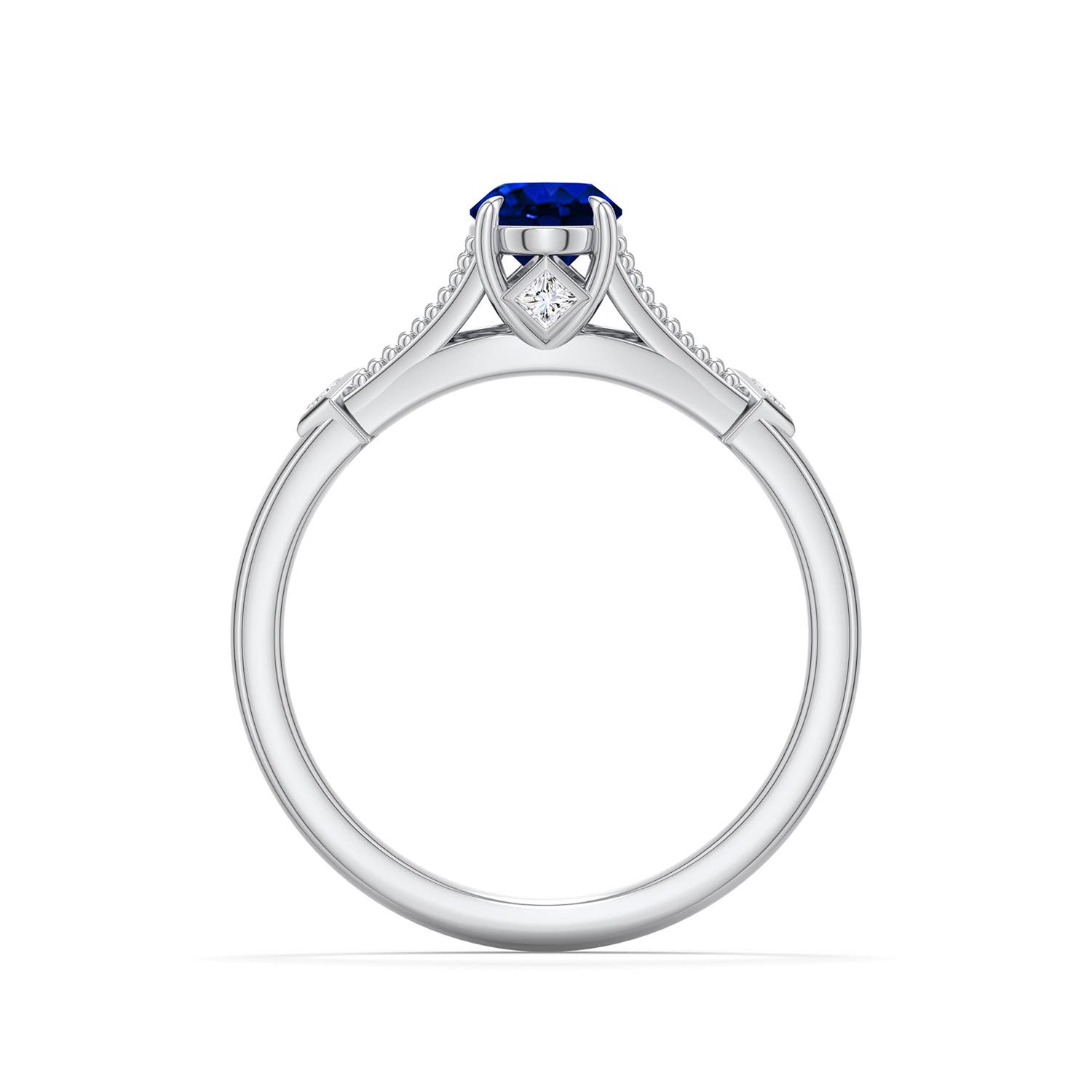 7x5mm Labgrown Oval Lab-Grown Blue Sapphire Cathedral Engagement Ring with Accents in 18K White Gold - side 1