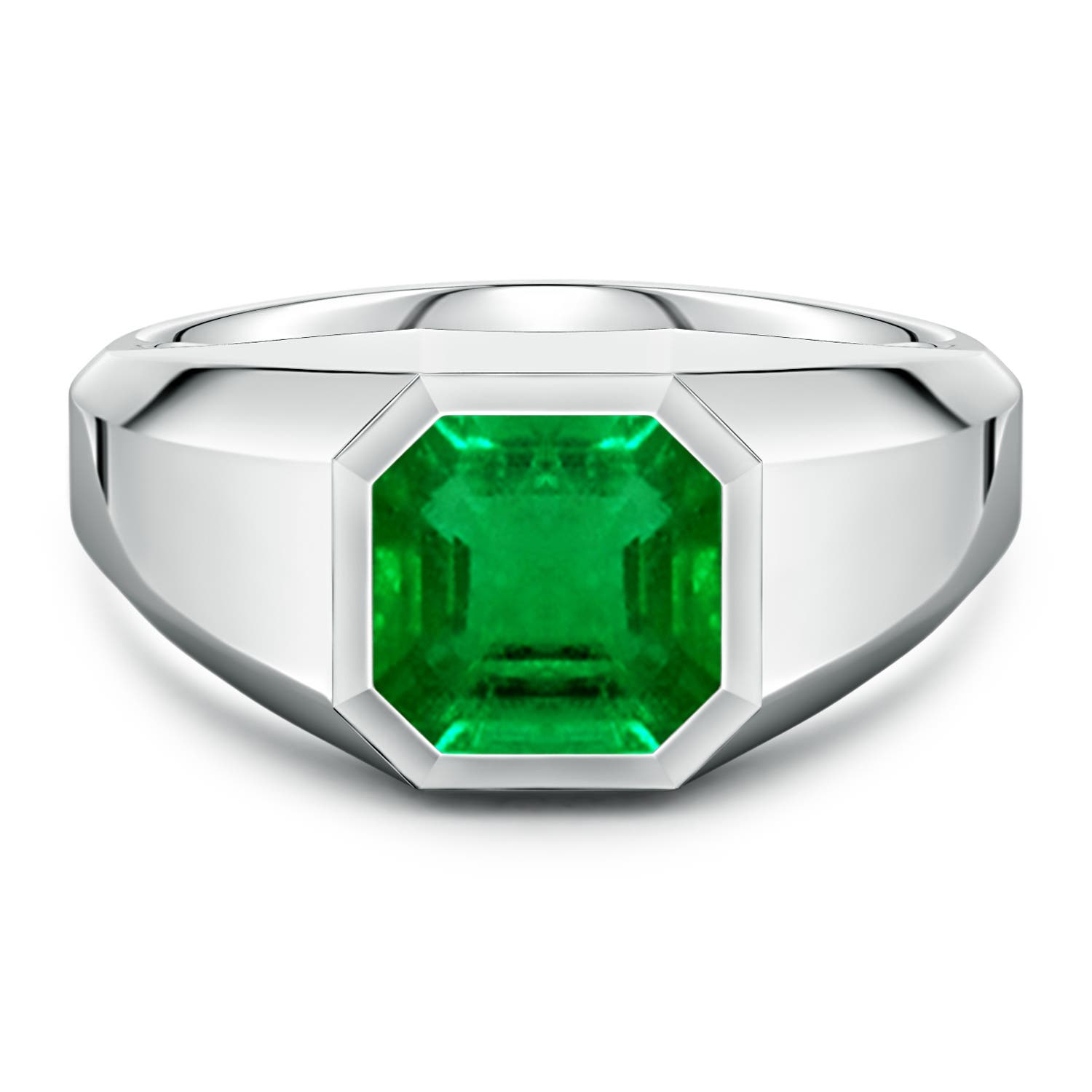 Angara 2.1 Carats Square Emerald-Cut Lab-Grown Emerald Men's Octagon Signet Ring in 14K White Gold