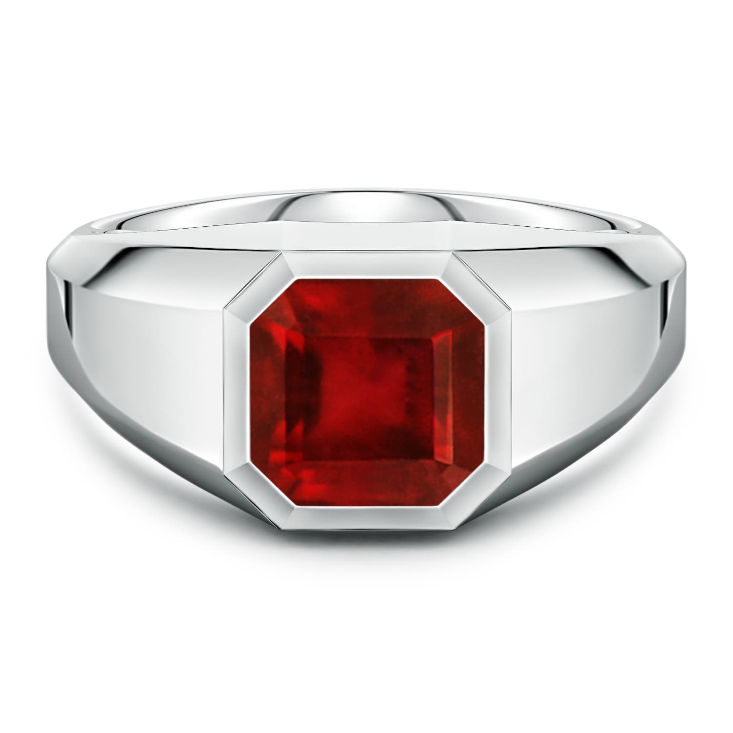 Angara 3.34 Carats Square Emerald-Cut Lab-Grown Ruby Men's Octagon Signet Ring in 14K White Gold