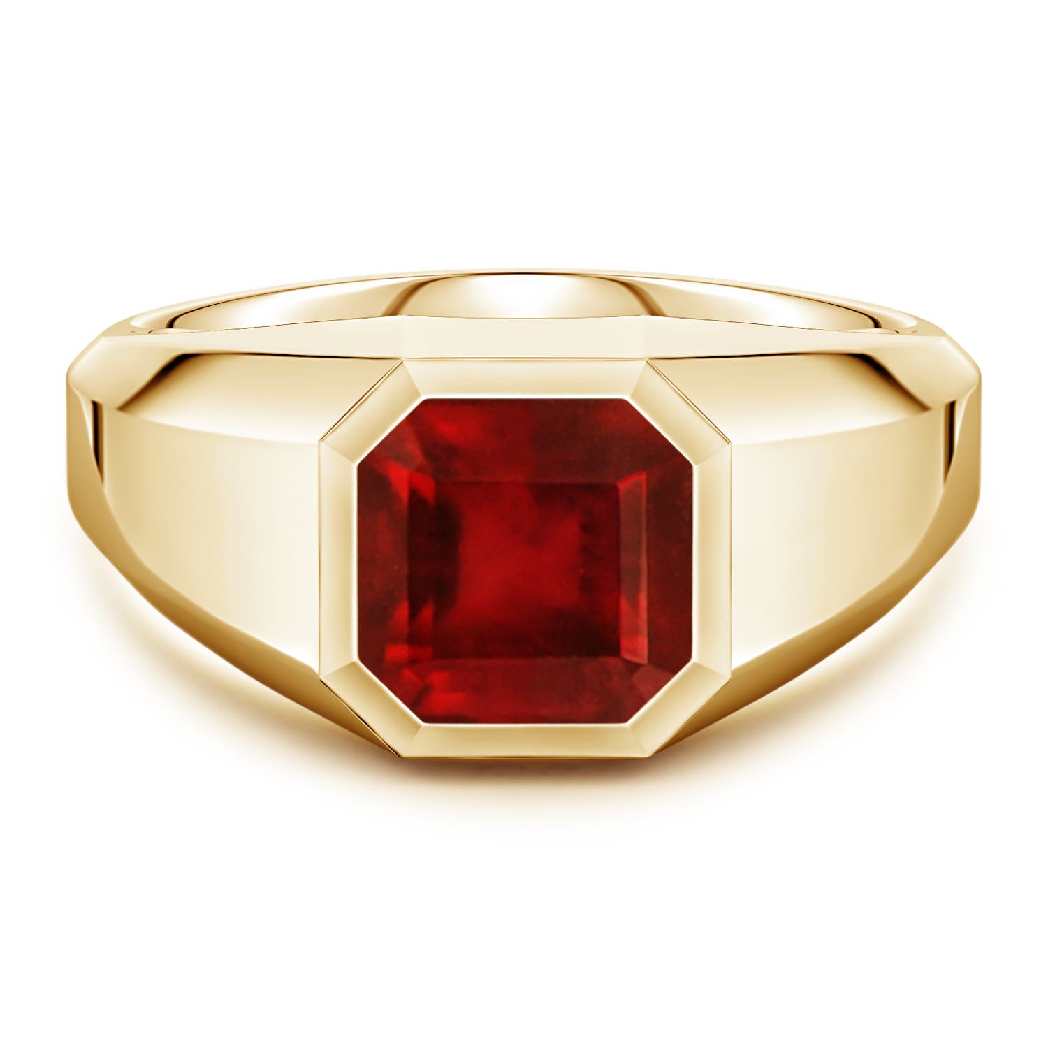 Angara 3.34 Carats Square Emerald-Cut Lab-Grown Ruby Men's Octagon Signet Ring in 14K Yellow Gold