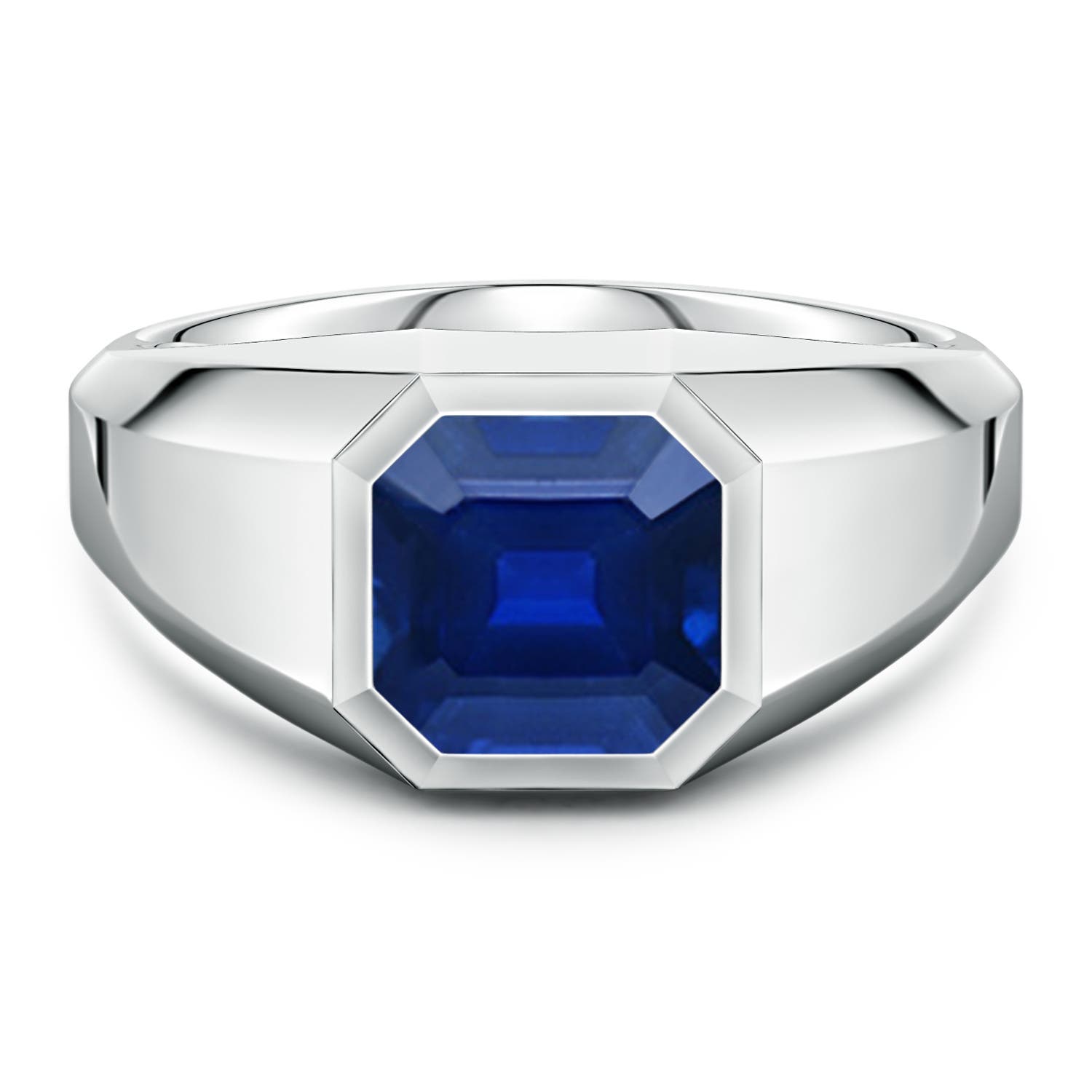 Angara 3.34 Carats Square Emerald-Cut Lab-Grown Blue Sapphire Men's Octagon Signet Ring in 18K White Gold