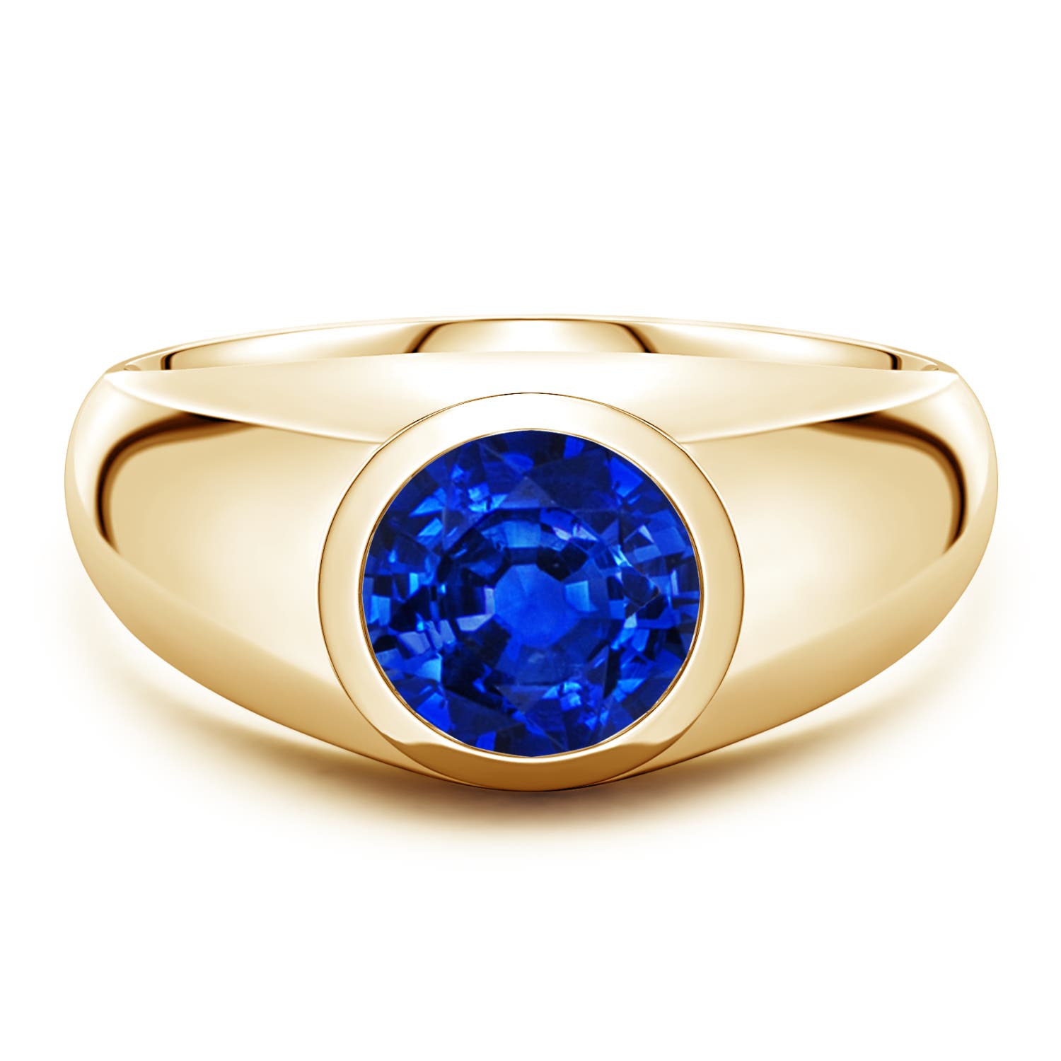Angara 2.2 Carats Round Lab-Grown Blue Sapphire Men’s Signet Ring in 14K Yellow Gold