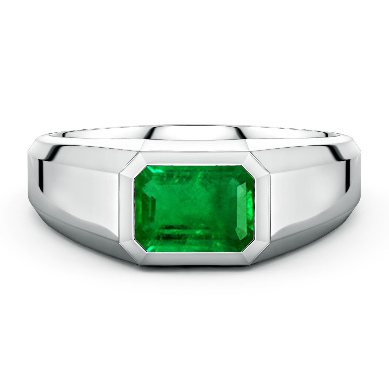 Angara 1.5 Carats East-West Emerald-Cut Lab-Grown Emerald Men's Signet Ring in 18K White Gold