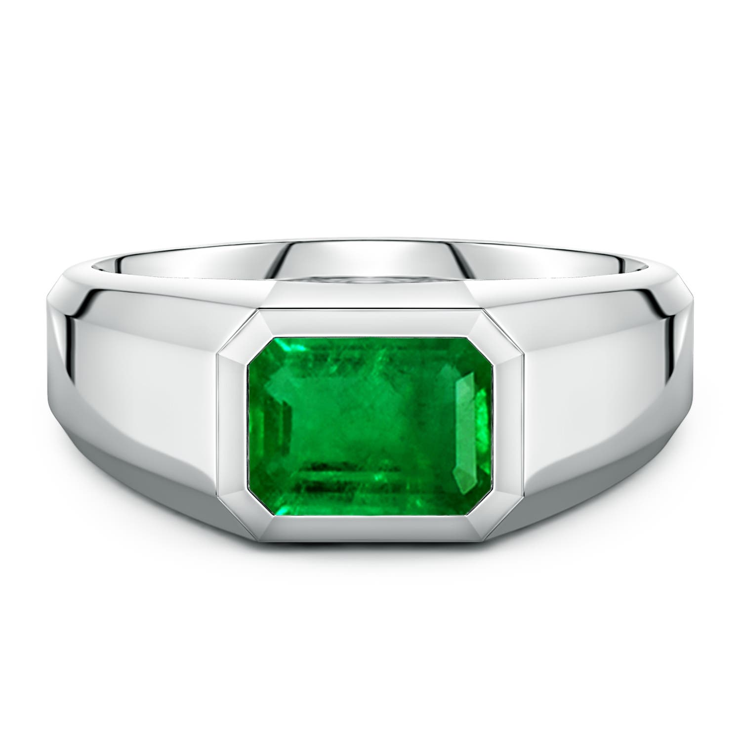Angara 2.25 Carats East-West Emerald-Cut Lab-Grown Emerald Men's Signet Ring in 14K White Gold