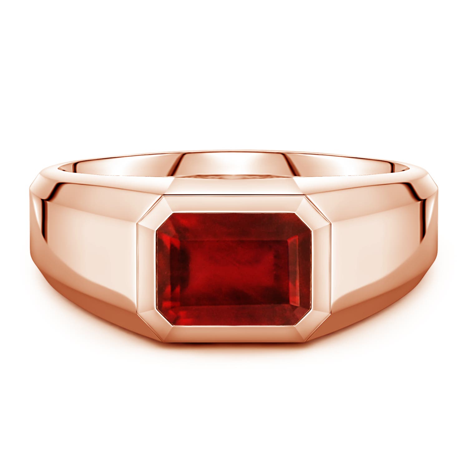 Angara 3.0 Carats East-West Emerald-Cut Lab-Grown Ruby Men's Signet Ring in 18K Rose Gold