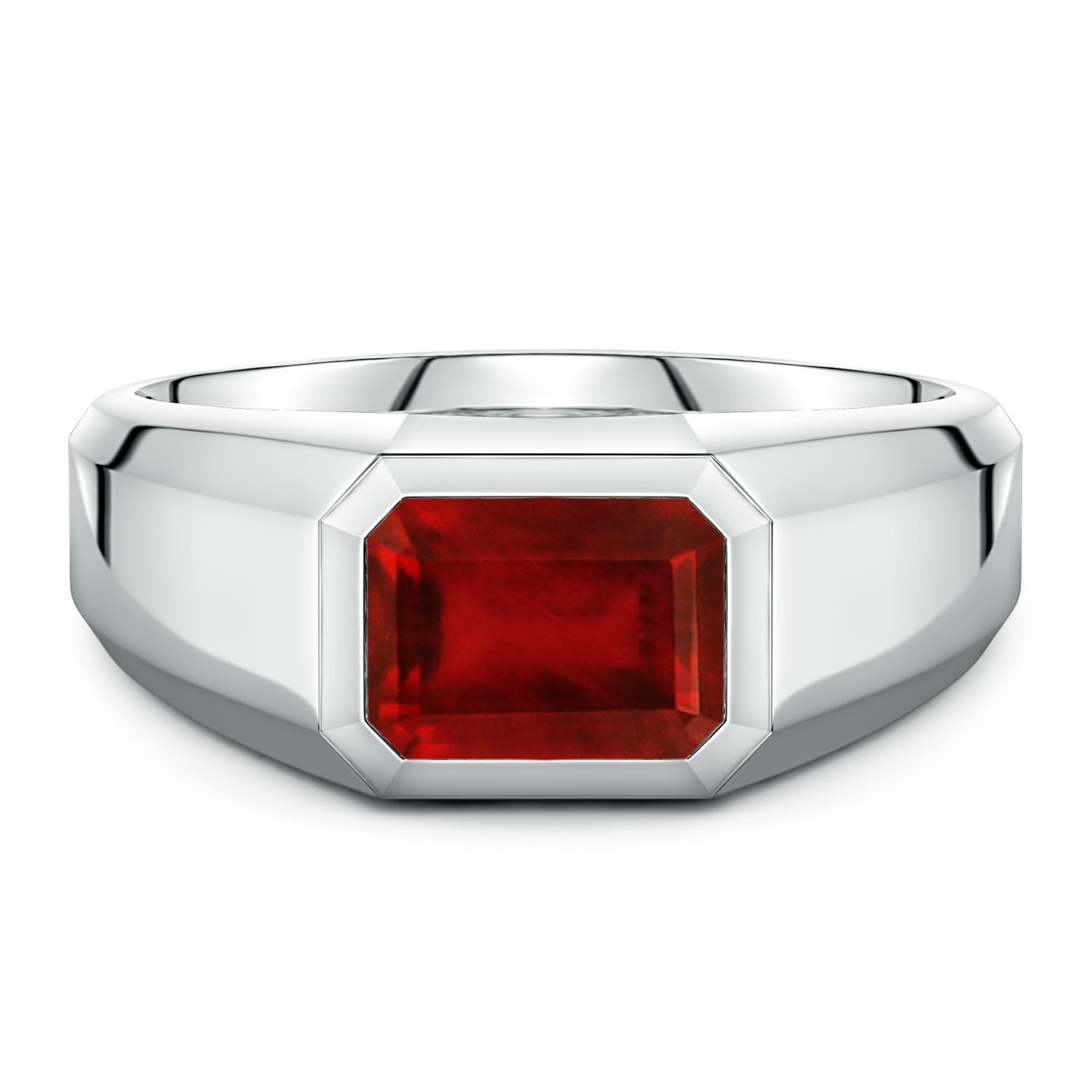 Angara 3.0 Carats East-West Emerald-Cut Lab-Grown Ruby Men's Signet Ring in 18K White Gold
