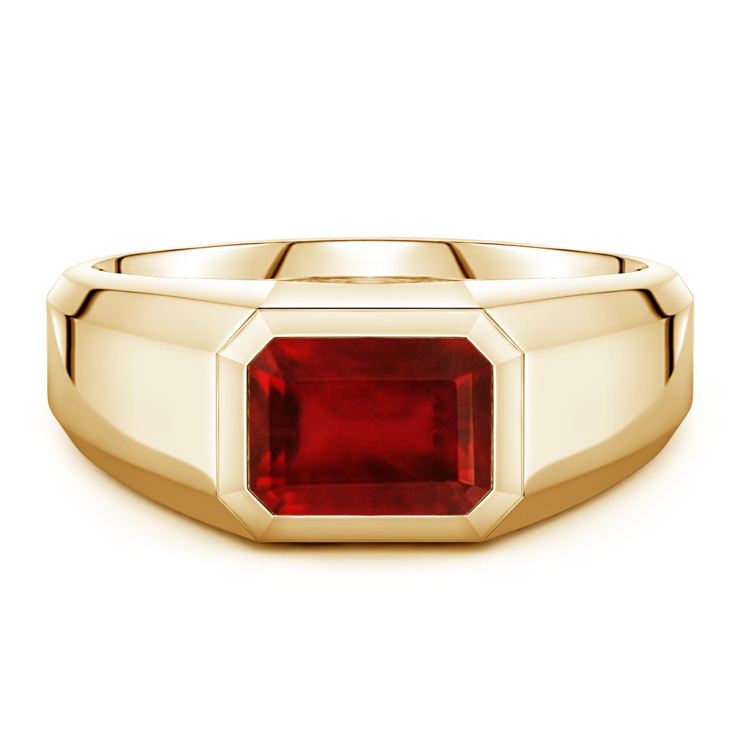 Angara 3.0 Carats East-West Emerald-Cut Lab-Grown Ruby Men's Signet Ring in 14K Yellow Gold