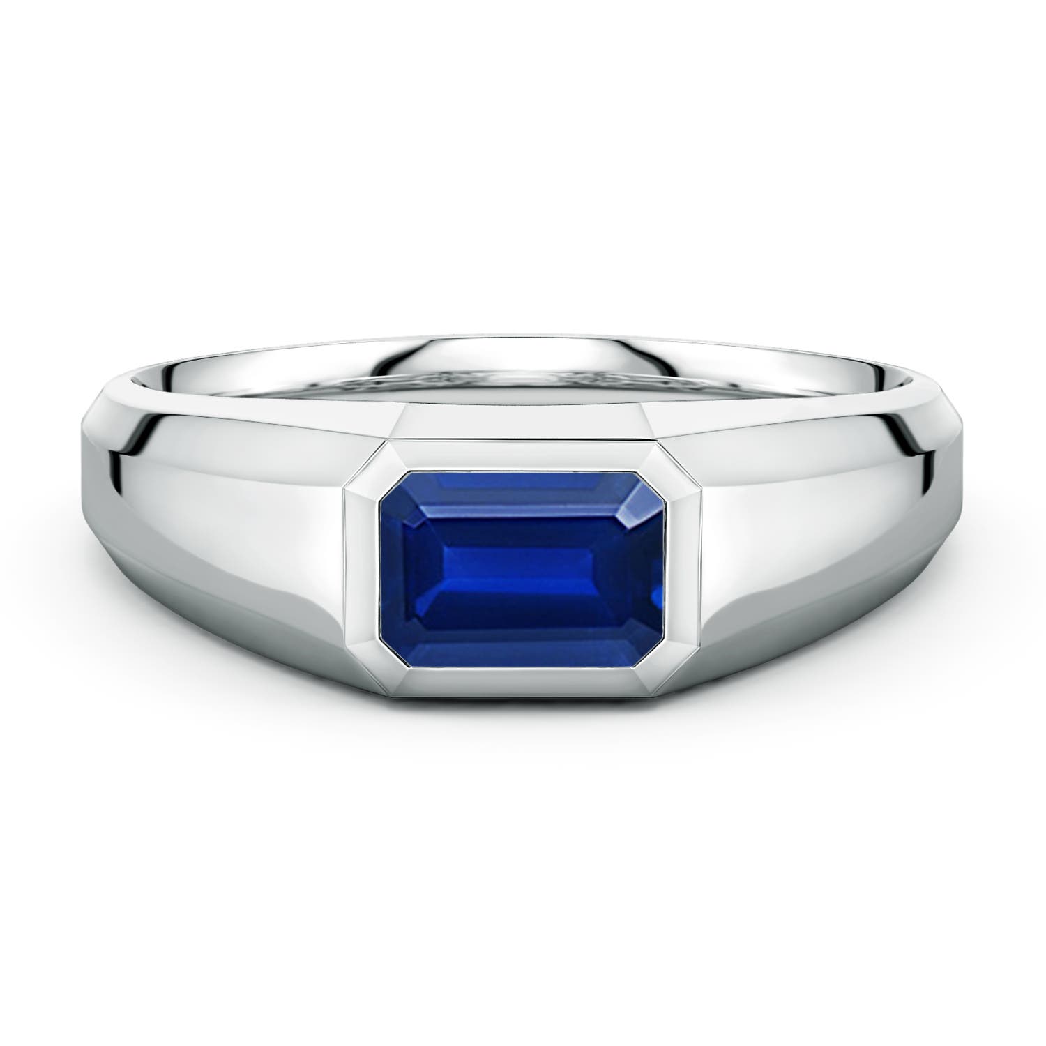 Angara 1.05 Carats East-West Emerald-Cut Lab-Grown Blue Sapphire Men's Signet Ring in 18K White Gold