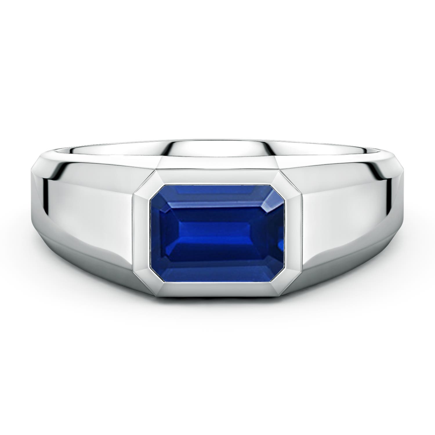 Angara 1.65 Carats East-West Emerald-Cut Lab-Grown Blue Sapphire Men's Signet Ring in 18K White Gold