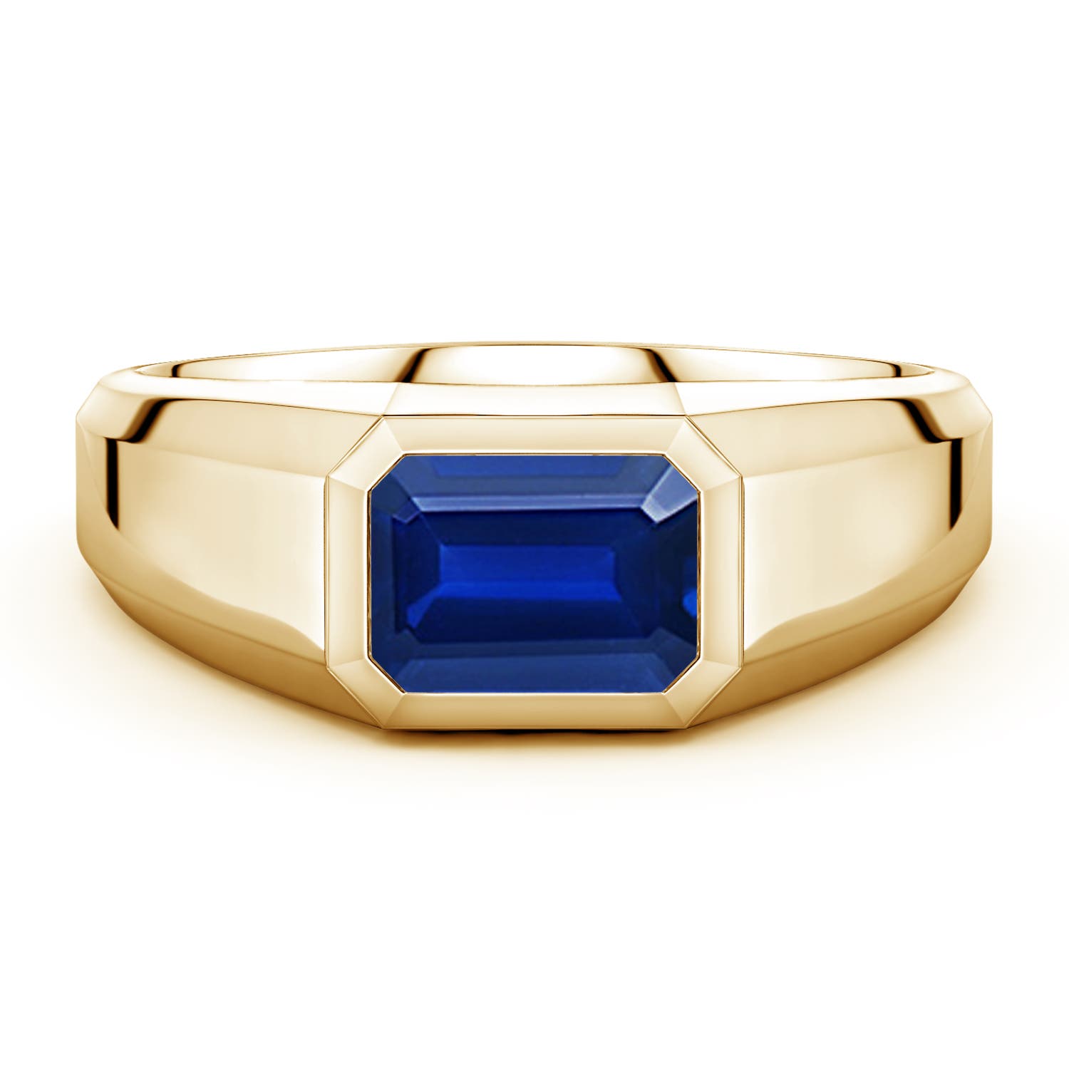 Angara 1.65 Carats East-West Emerald-Cut Lab-Grown Blue Sapphire Men's Signet Ring in 18K Yellow Gold