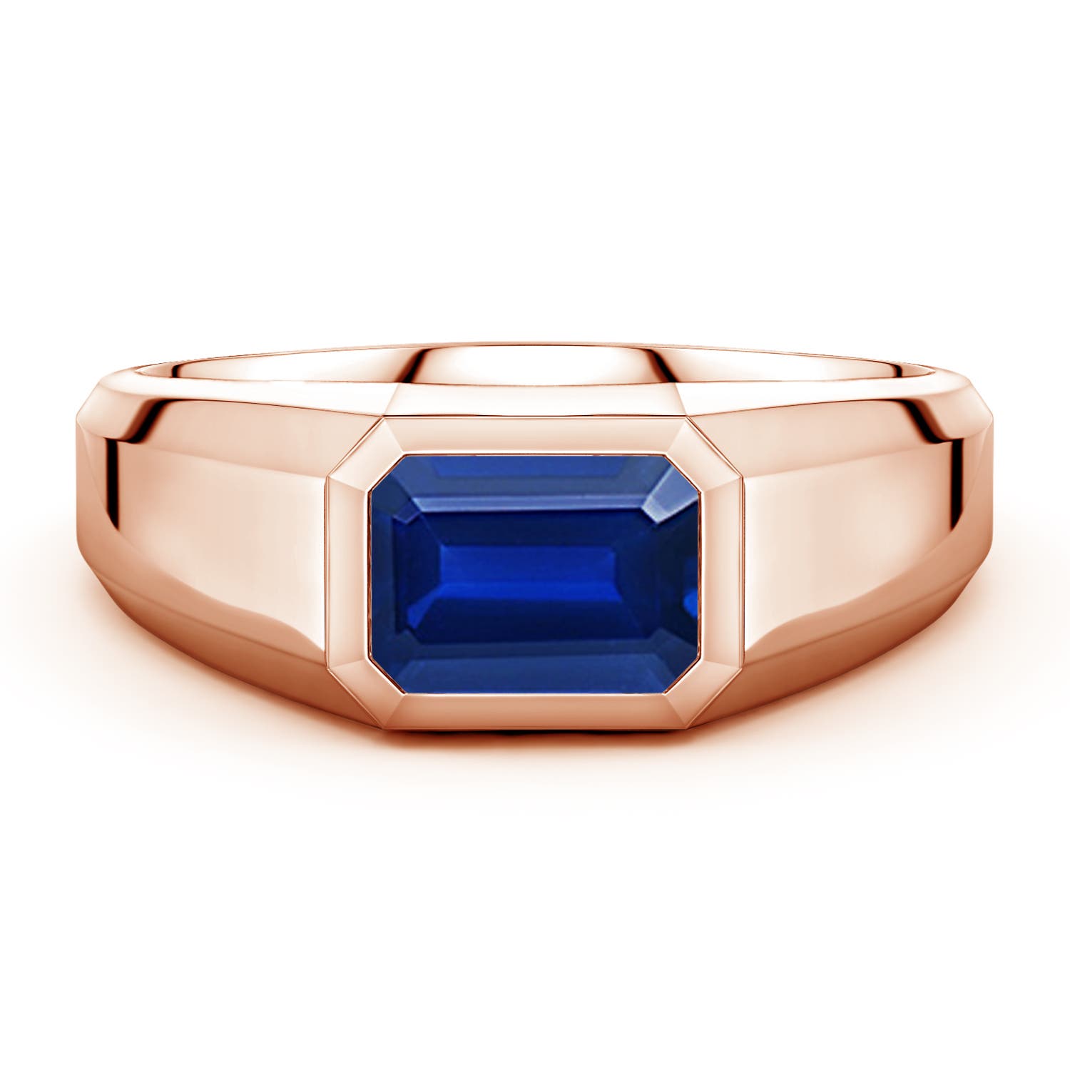 Angara 1.65 Carats East-West Emerald-Cut Lab-Grown Blue Sapphire Men's Signet Ring in 14K Rose Gold