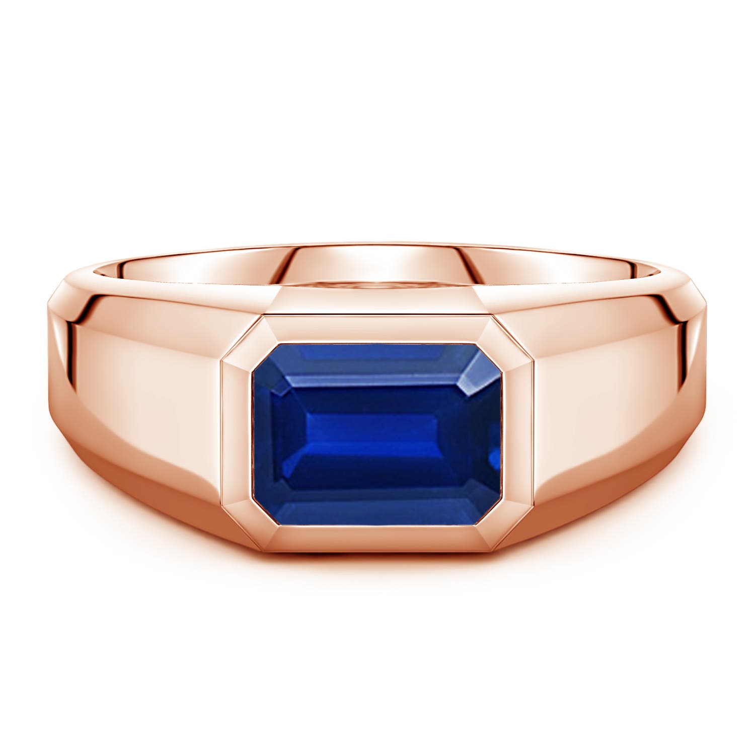 Angara 2.45 Carats East-West Emerald-Cut Lab-Grown Blue Sapphire Men's Signet Ring in 18K Rose Gold