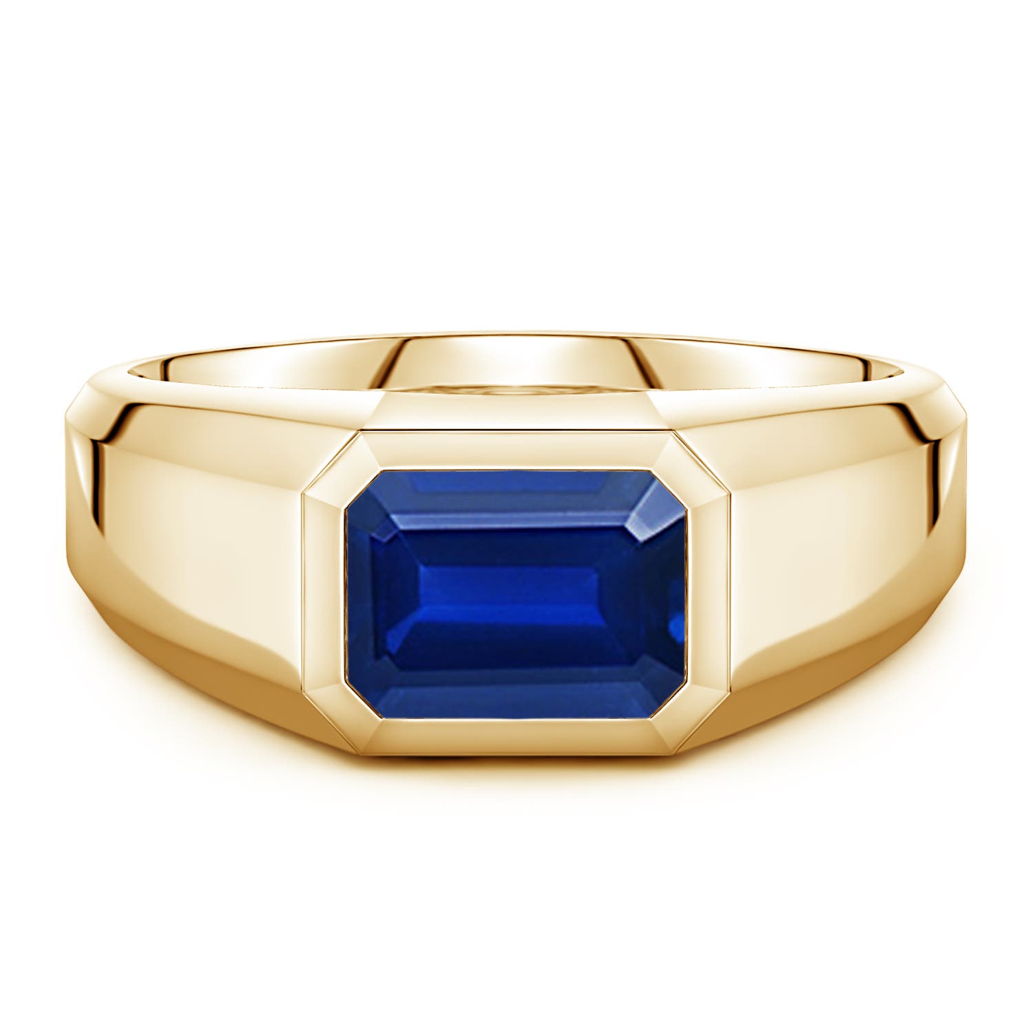Angara 2.45 Carats East-West Emerald-Cut Lab-Grown Blue Sapphire Men's Signet Ring in 18K Yellow Gold