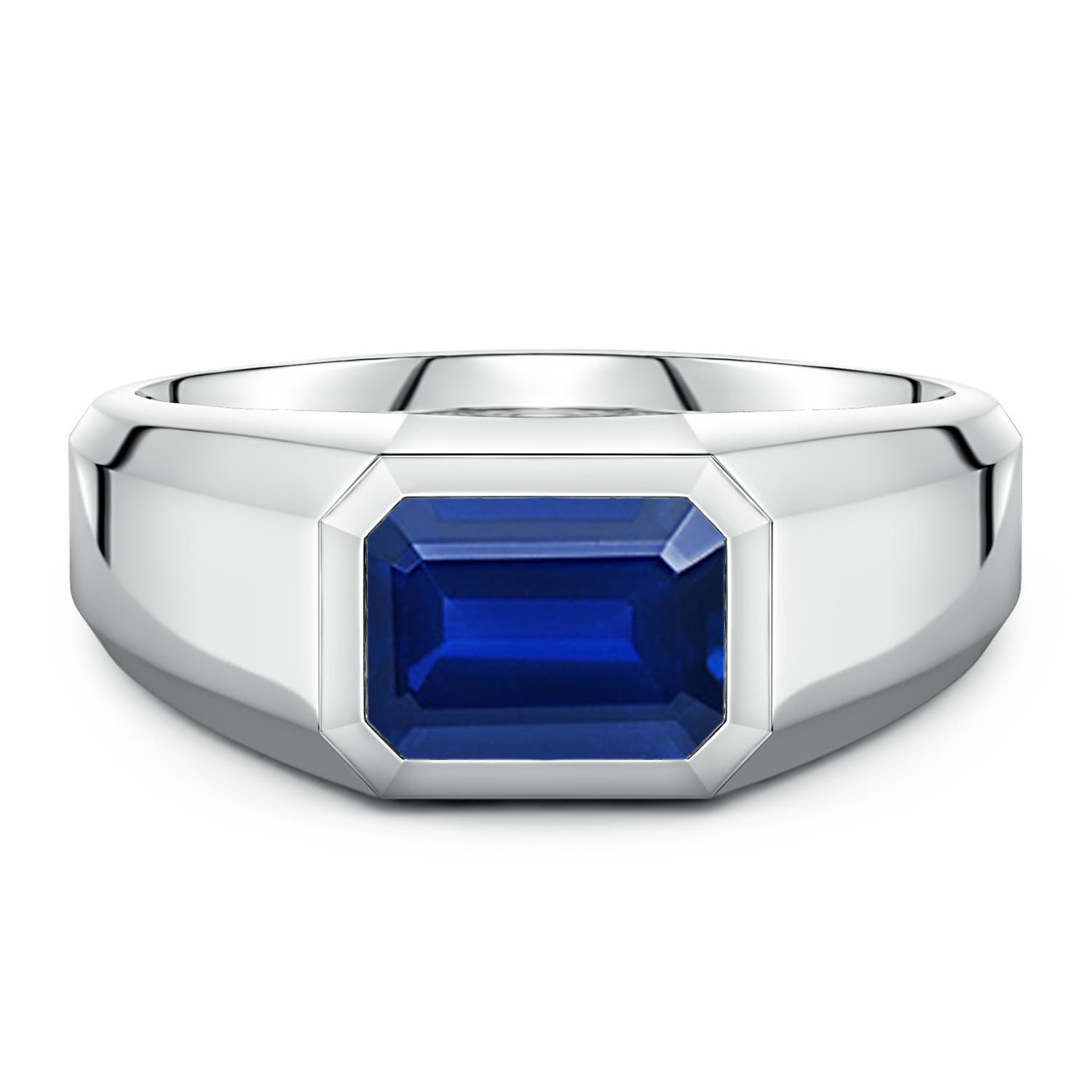 Angara 2.45 Carats East-West Emerald-Cut Lab-Grown Blue Sapphire Men's Signet Ring in 14K White Gold