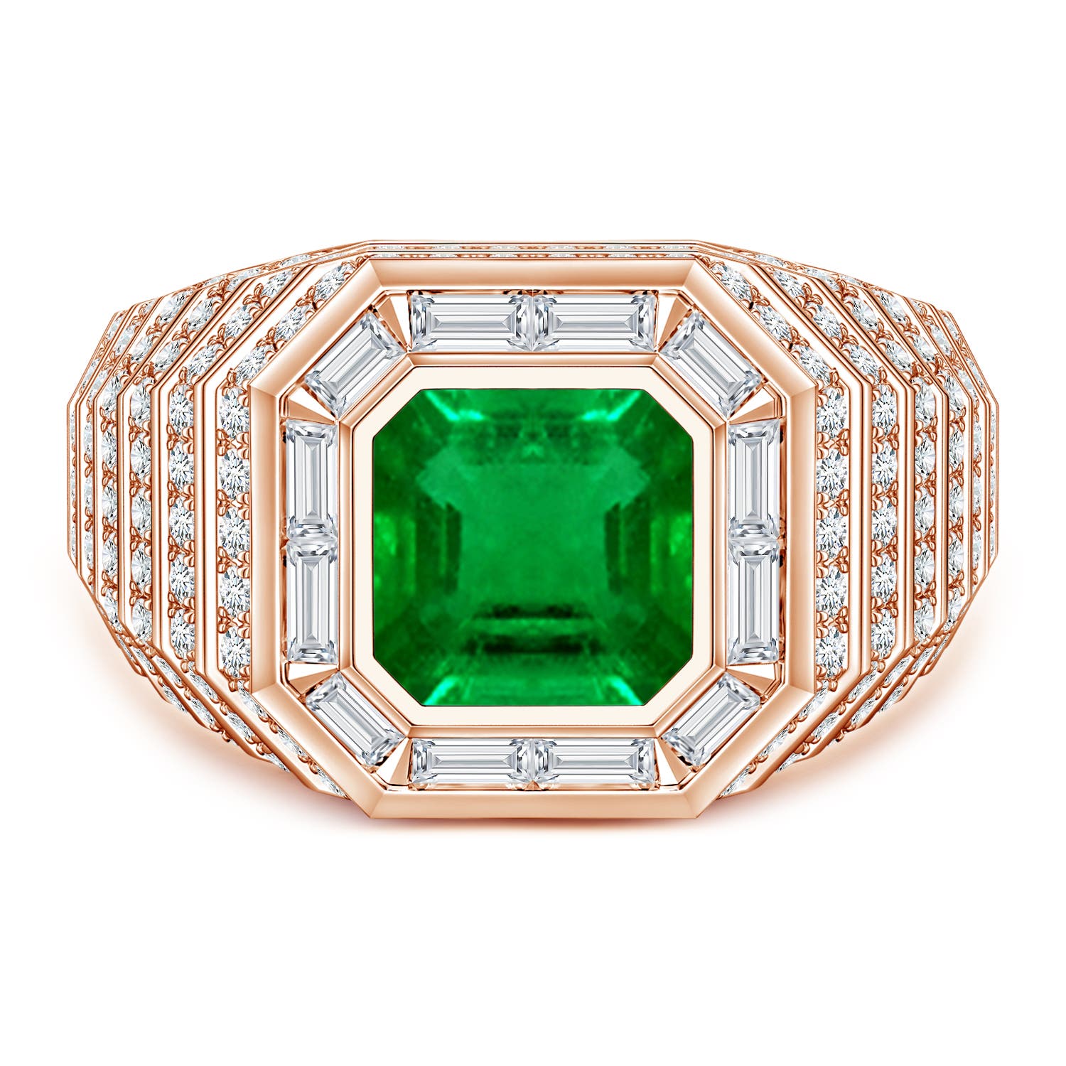 Angara 2.1 Carats Square Emerald-Cut Lab-Grown Emerald Halo Men's Cocktail Ring in 18K Rose Gold