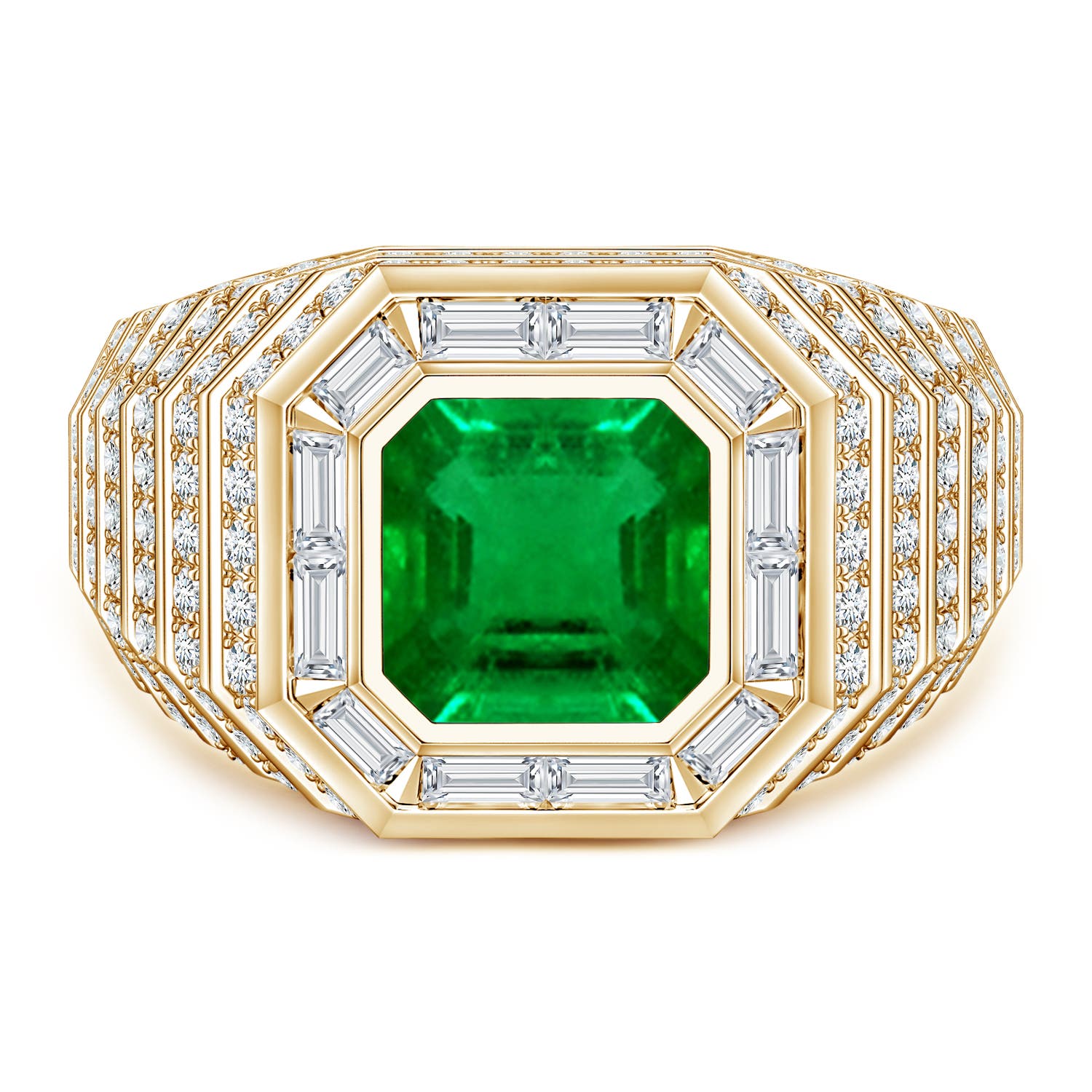 Angara 2.1 Carats Square Emerald-Cut Lab-Grown Emerald Halo Men's Cocktail Ring in 18K Yellow Gold