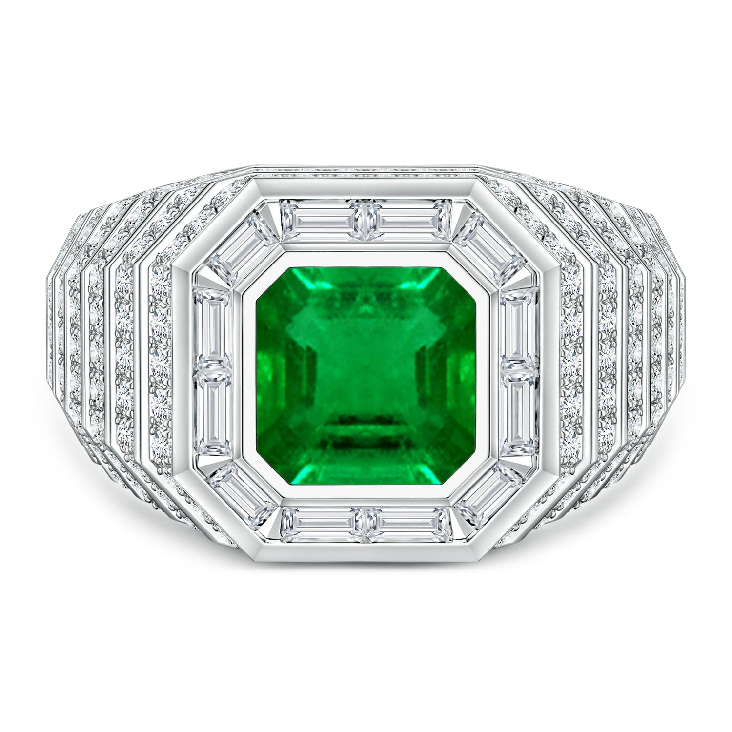 Angara 2.1 Carats Square Emerald-Cut Lab-Grown Emerald Halo Men's Cocktail Ring in 14K White Gold