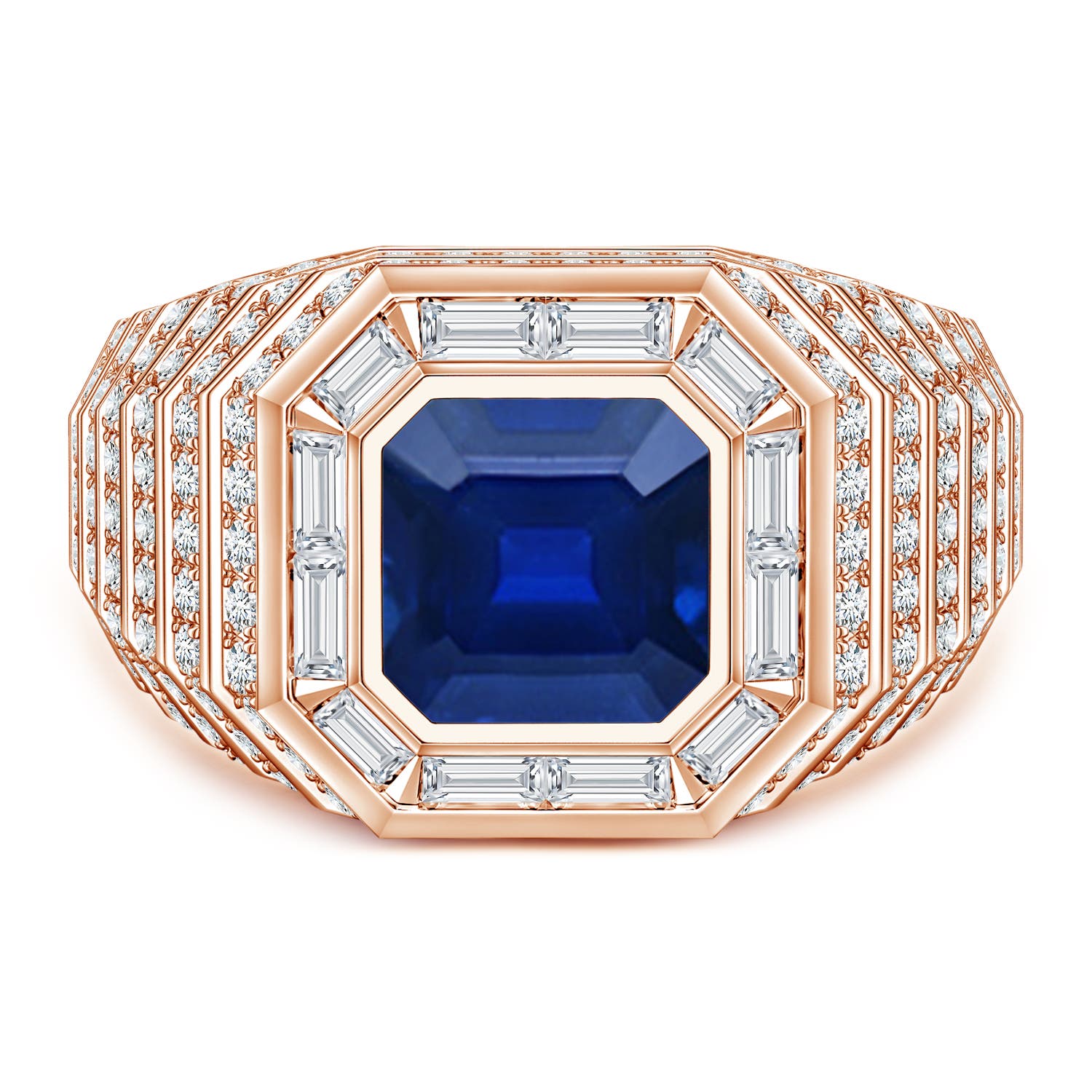 Angara 3.34 Carats Square Emerald-Cut Lab-Grown Blue Sapphire Men's Cocktail Ring in 18K Rose Gold
