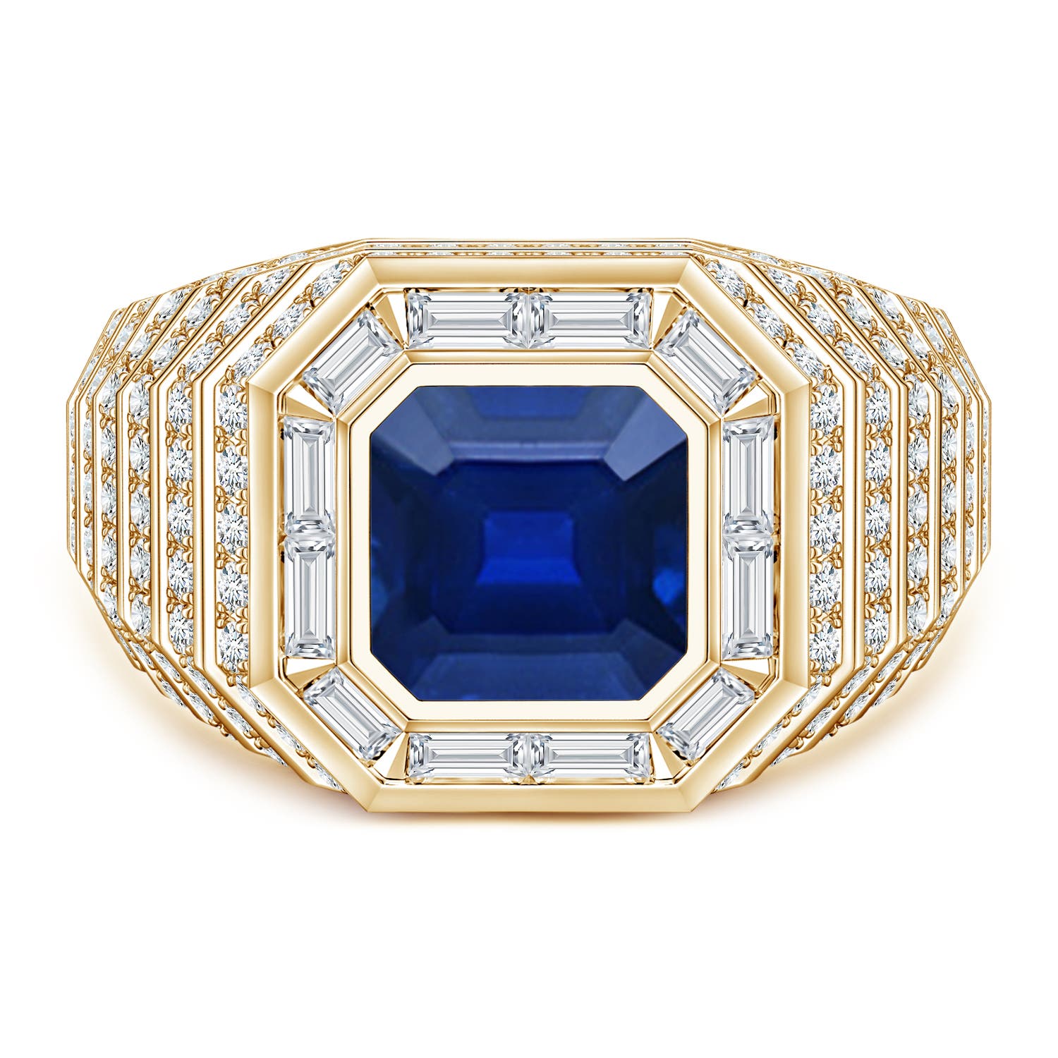 Angara 3.34 Carats Square Emerald-Cut Lab-Grown Blue Sapphire Men's Cocktail Ring in 18K Yellow Gold